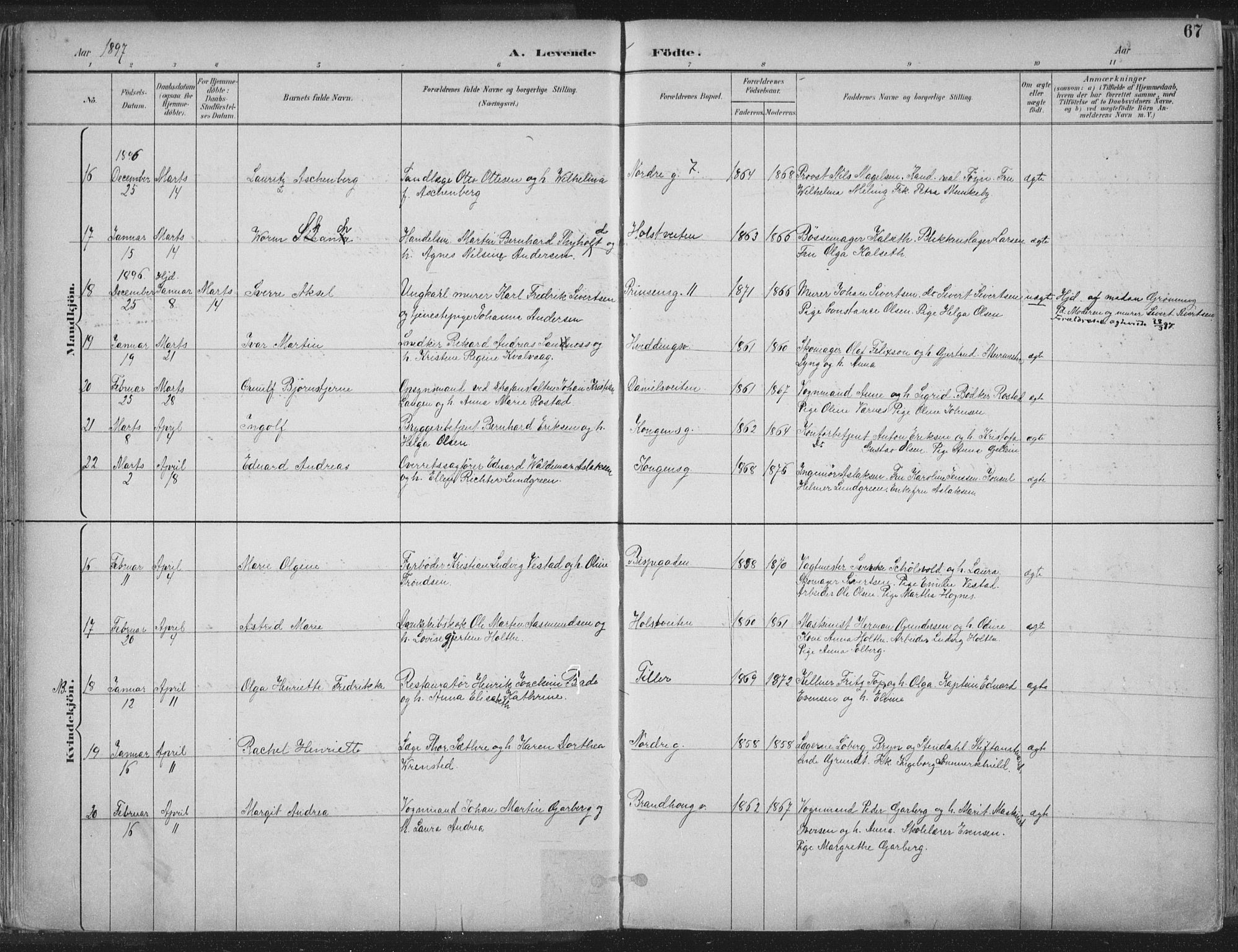 Ministerialprotokoller, klokkerbøker og fødselsregistre - Sør-Trøndelag, AV/SAT-A-1456/601/L0062: Parish register (official) no. 601A30, 1891-1911, p. 67