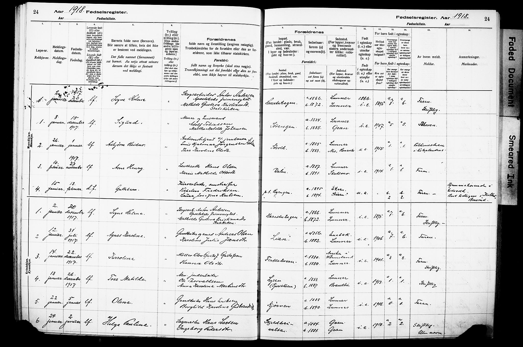 Lunner prestekontor, SAH/PREST-118/I/Id/L0001: Birth register no. 1, 1916-1932, p. 24
