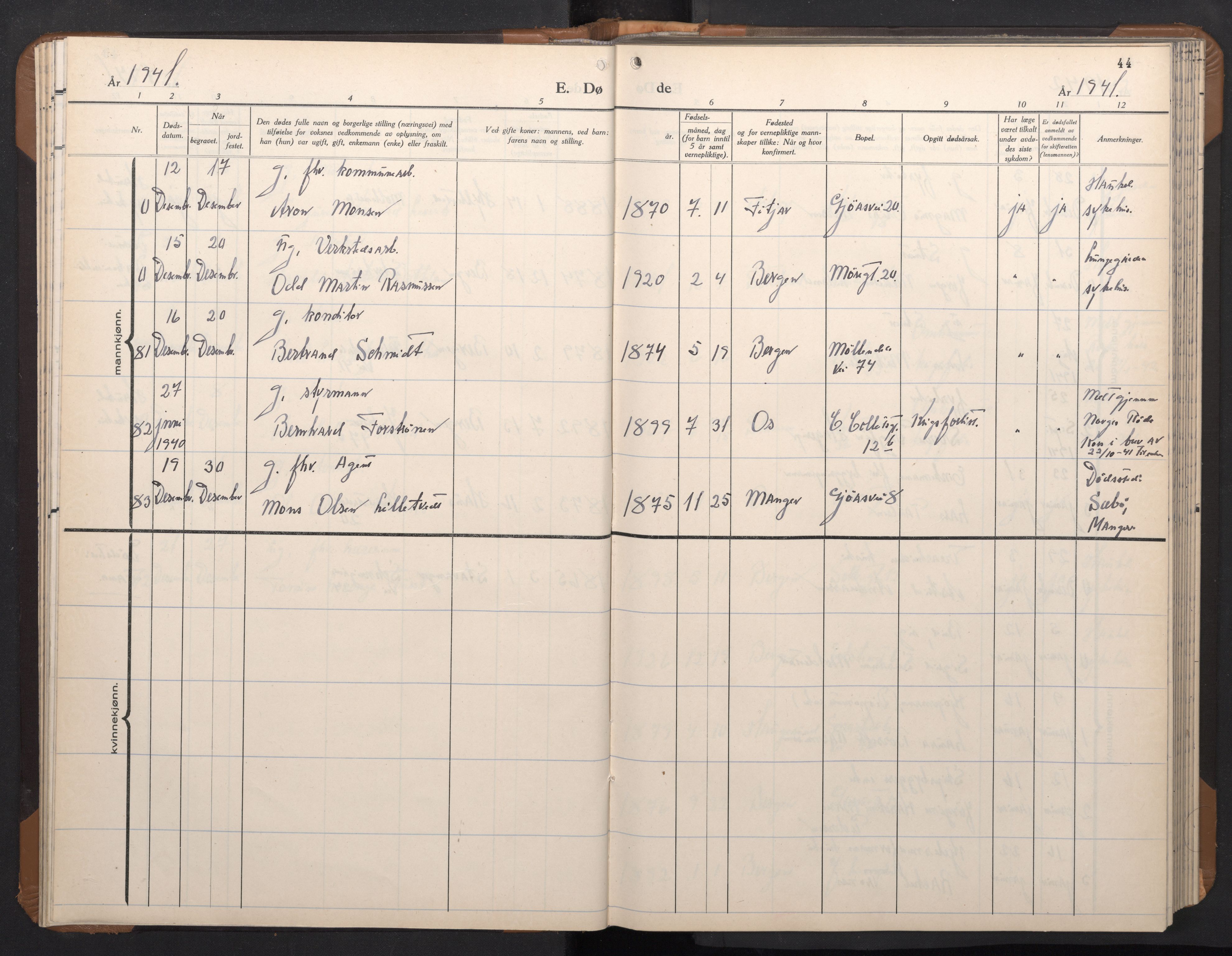 Årstad Sokneprestembete, AV/SAB-A-79301/H/Hab/L0026: Parish register (copy) no. D 3, 1940-1950, p. 43b-44a