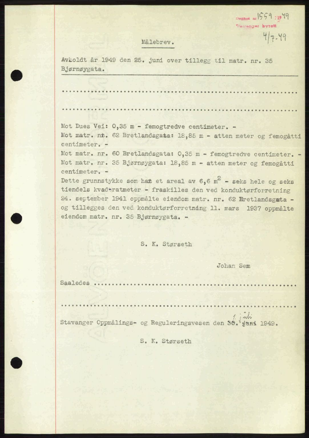 Stavanger byrett, SAST/A-100455/002/G/Gb/L0023: Mortgage book no. A12, 1948-1949, Diary no: : 1559/1949