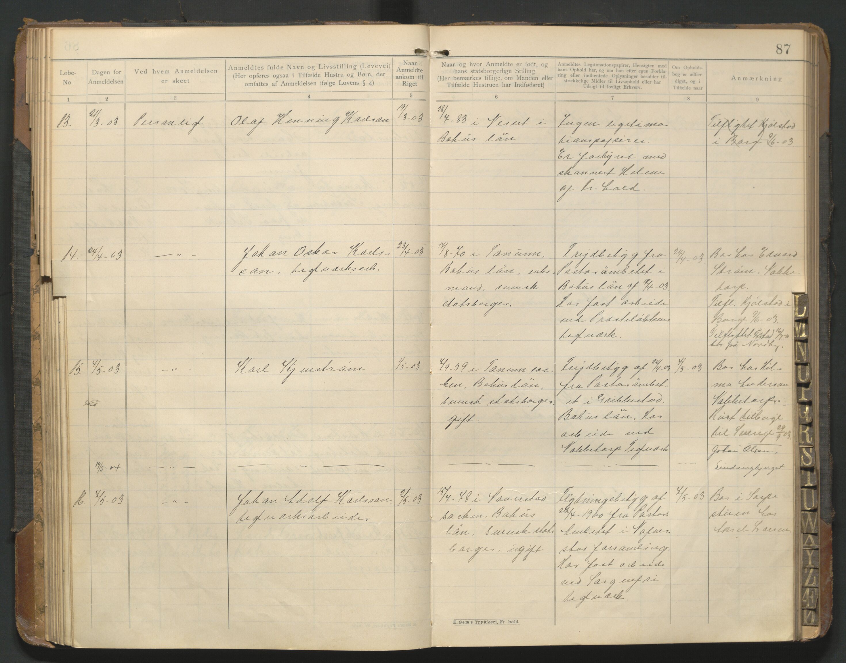 Fredrikstad politikammer, AV/SAO-A-10055/H/Hb/Hba/L0001: Protokoll over fremmede statsborgere, 1901-1916, p. 86b-87a