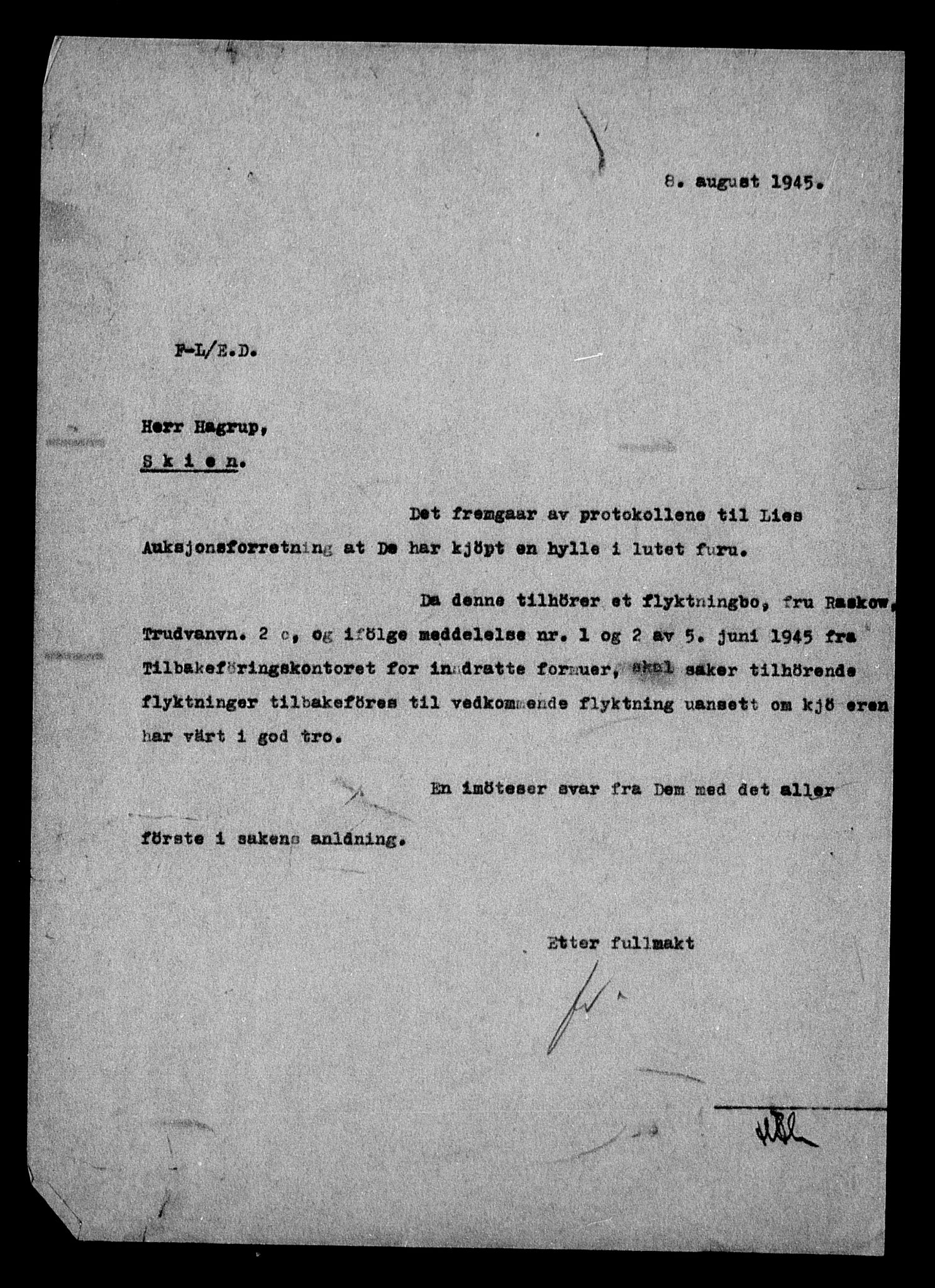 Justisdepartementet, Tilbakeføringskontoret for inndratte formuer, AV/RA-S-1564/H/Hc/Hcc/L0972: --, 1945-1947, p. 7