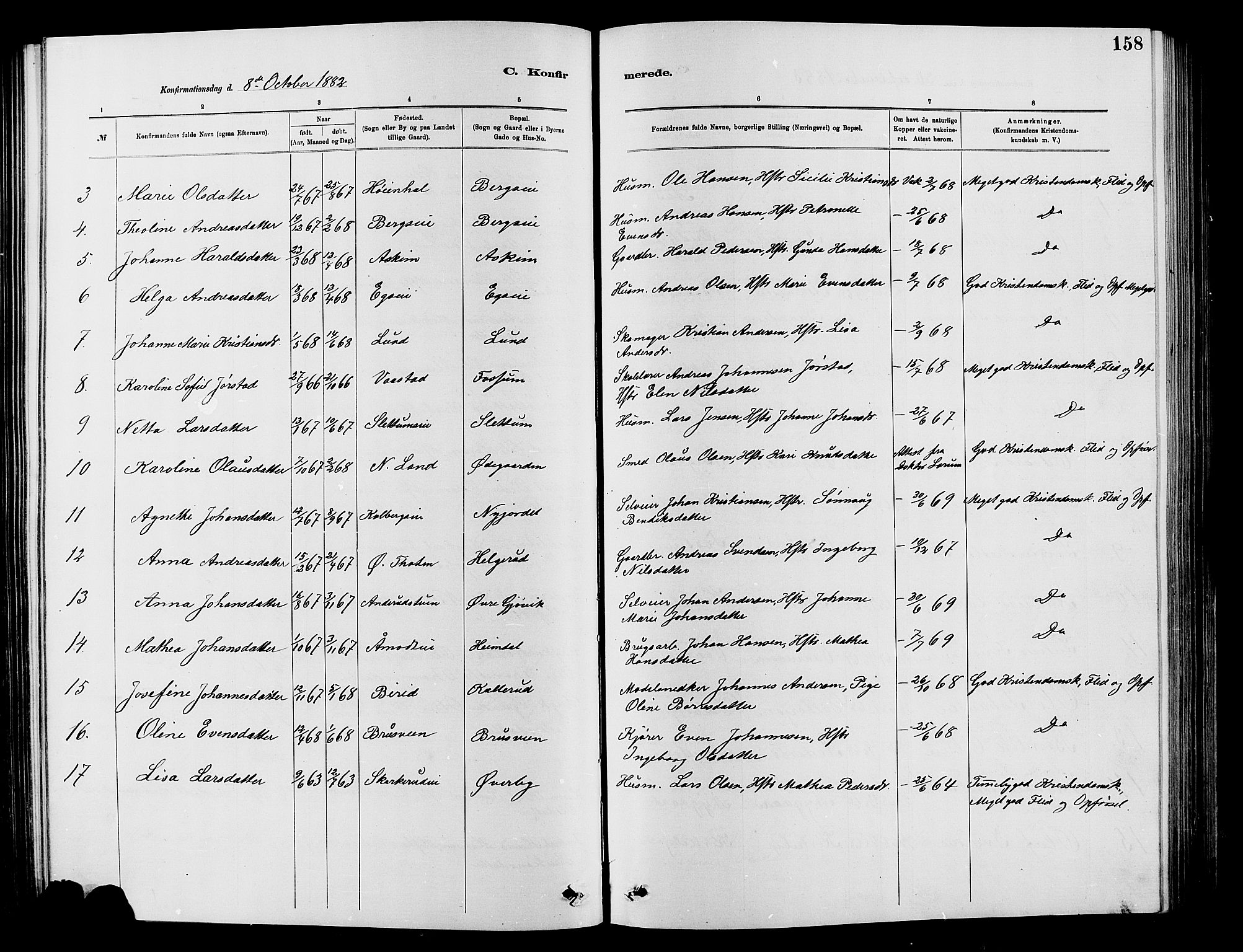 Vardal prestekontor, SAH/PREST-100/H/Ha/Hab/L0007: Parish register (copy) no. 7 /1, 1881-1895, p. 158