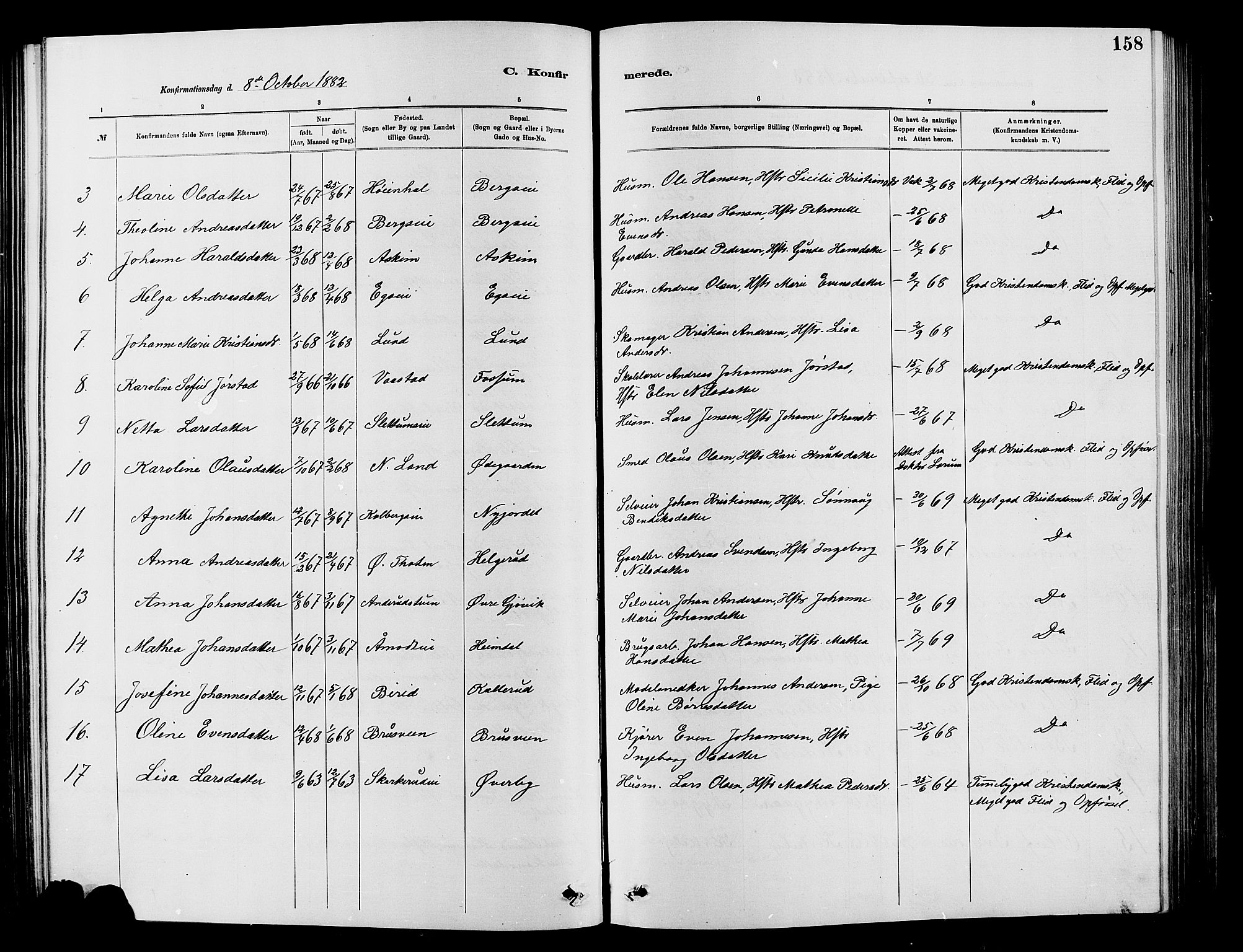 Vardal prestekontor, AV/SAH-PREST-100/H/Ha/Hab/L0007: Parish register (copy) no. 7 /1, 1881-1895, p. 158