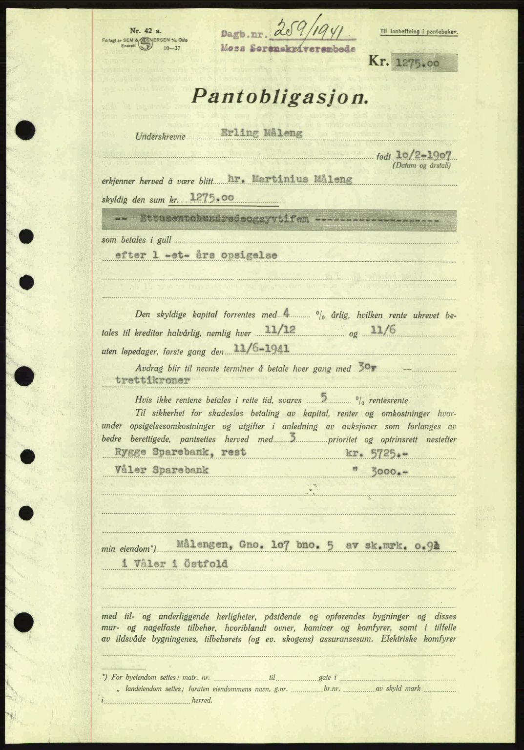 Moss sorenskriveri, SAO/A-10168: Mortgage book no. B10, 1940-1941, Diary no: : 259/1941