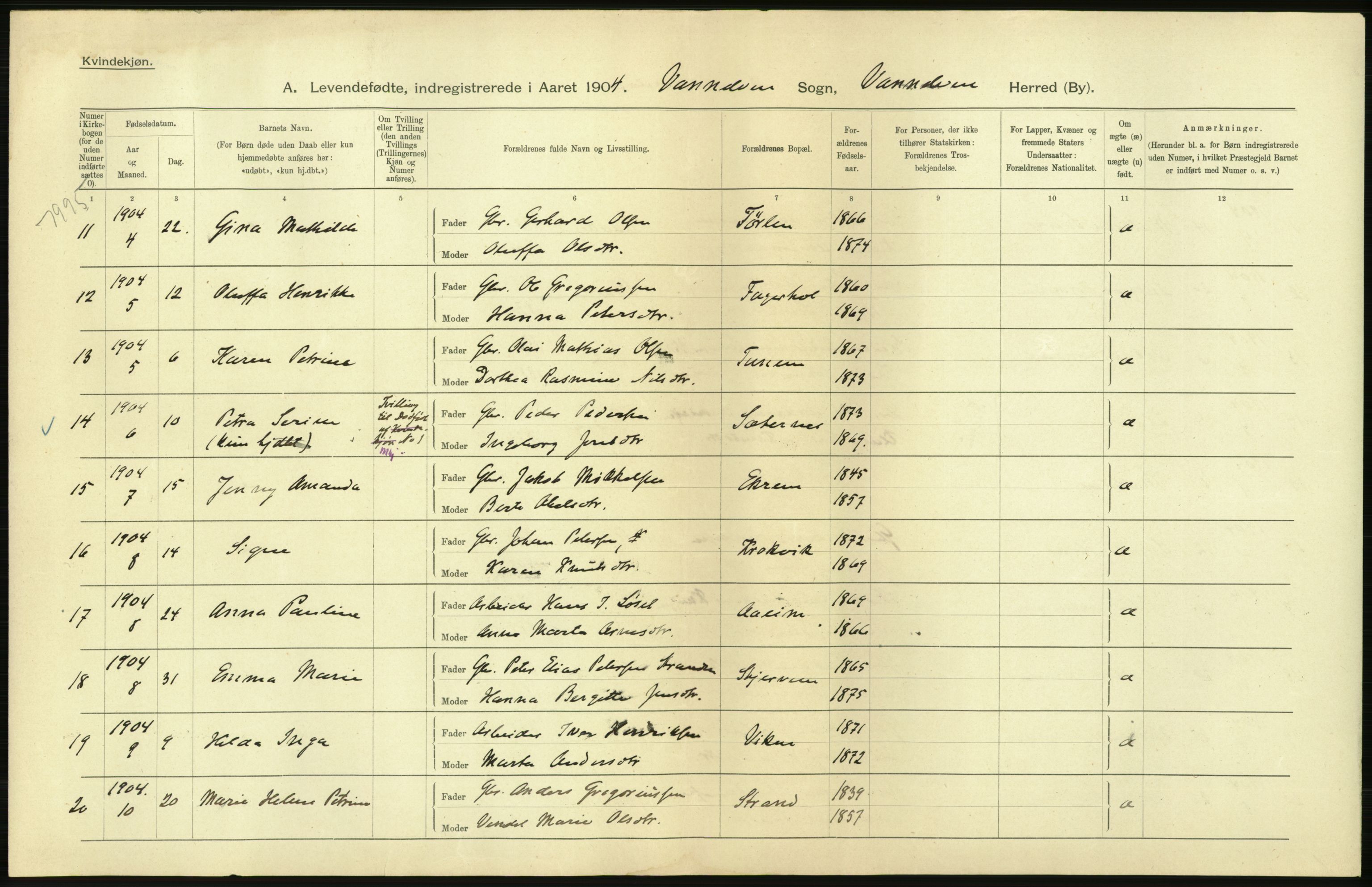 Statistisk sentralbyrå, Sosiodemografiske emner, Befolkning, AV/RA-S-2228/D/Df/Dfa/Dfab/L0016: Romsdals amt: Fødte, gifte, døde., 1904, p. 14