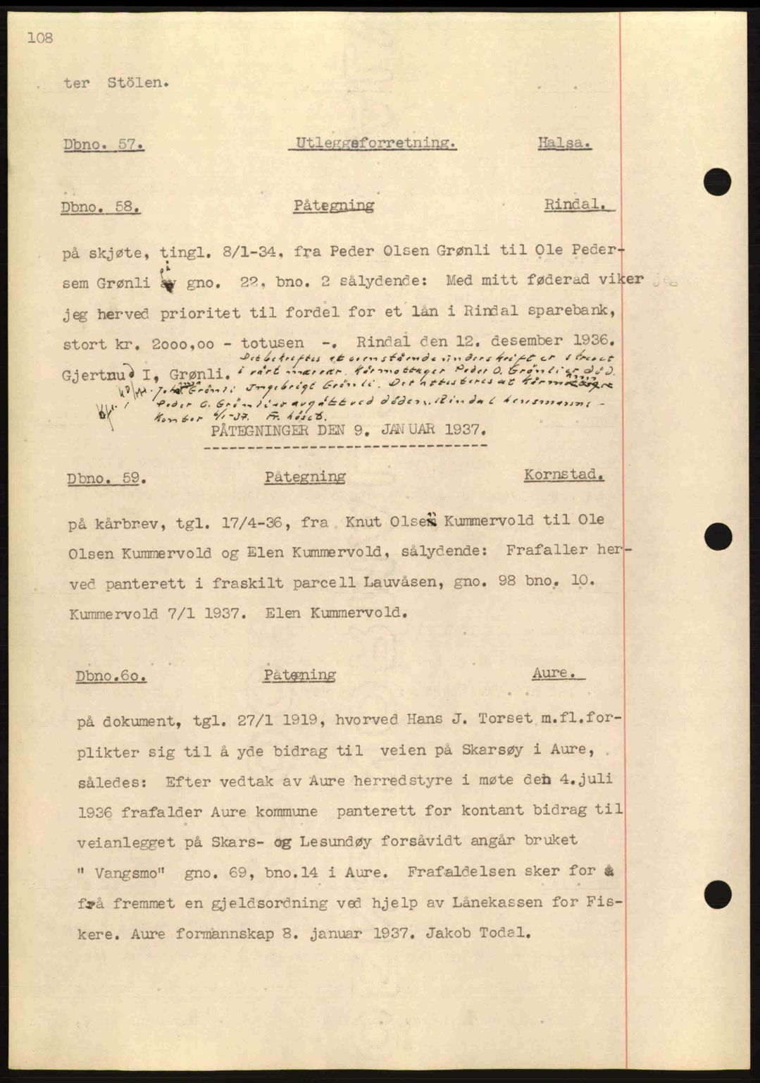 Nordmøre sorenskriveri, AV/SAT-A-4132/1/2/2Ca: Mortgage book no. C80, 1936-1939, Diary no: : 57/1937