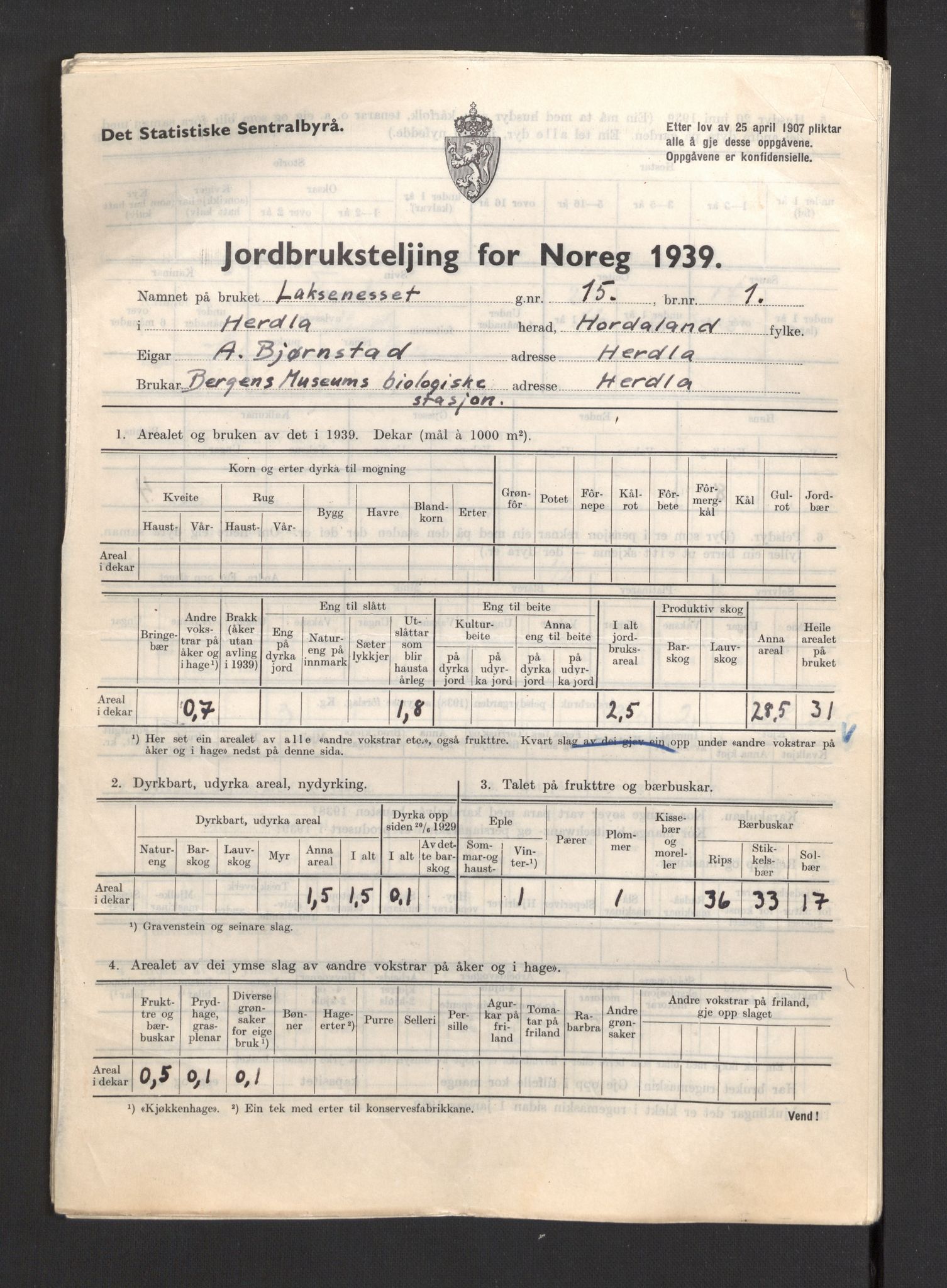 Statistisk sentralbyrå, Næringsøkonomiske emner, Jordbruk, skogbruk, jakt, fiske og fangst, AV/RA-S-2234/G/Gb/L0211: Hordaland: Herdla, Hjelme og Manger, 1939, p. 121