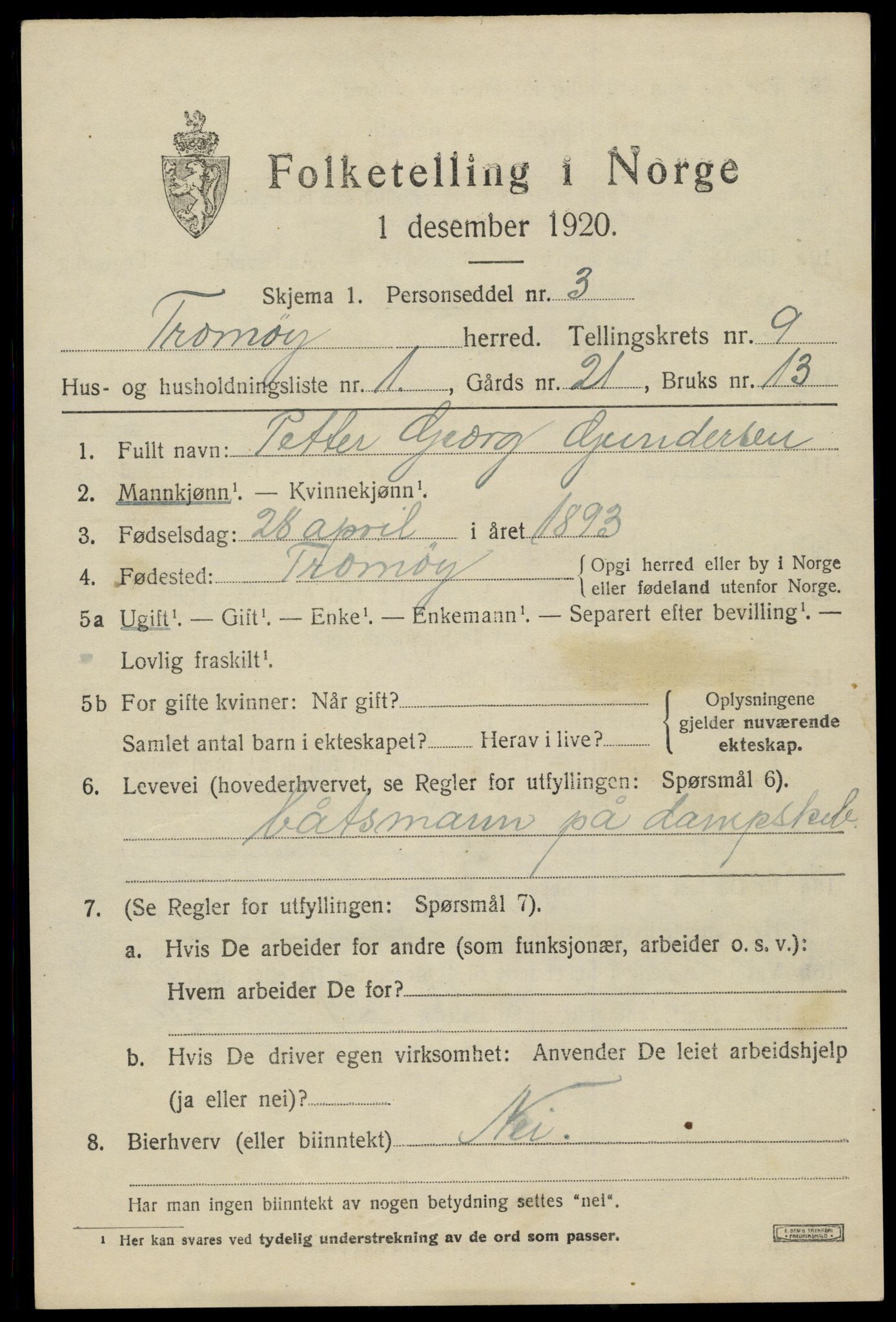 SAK, 1920 census for Tromøy, 1920, p. 5871