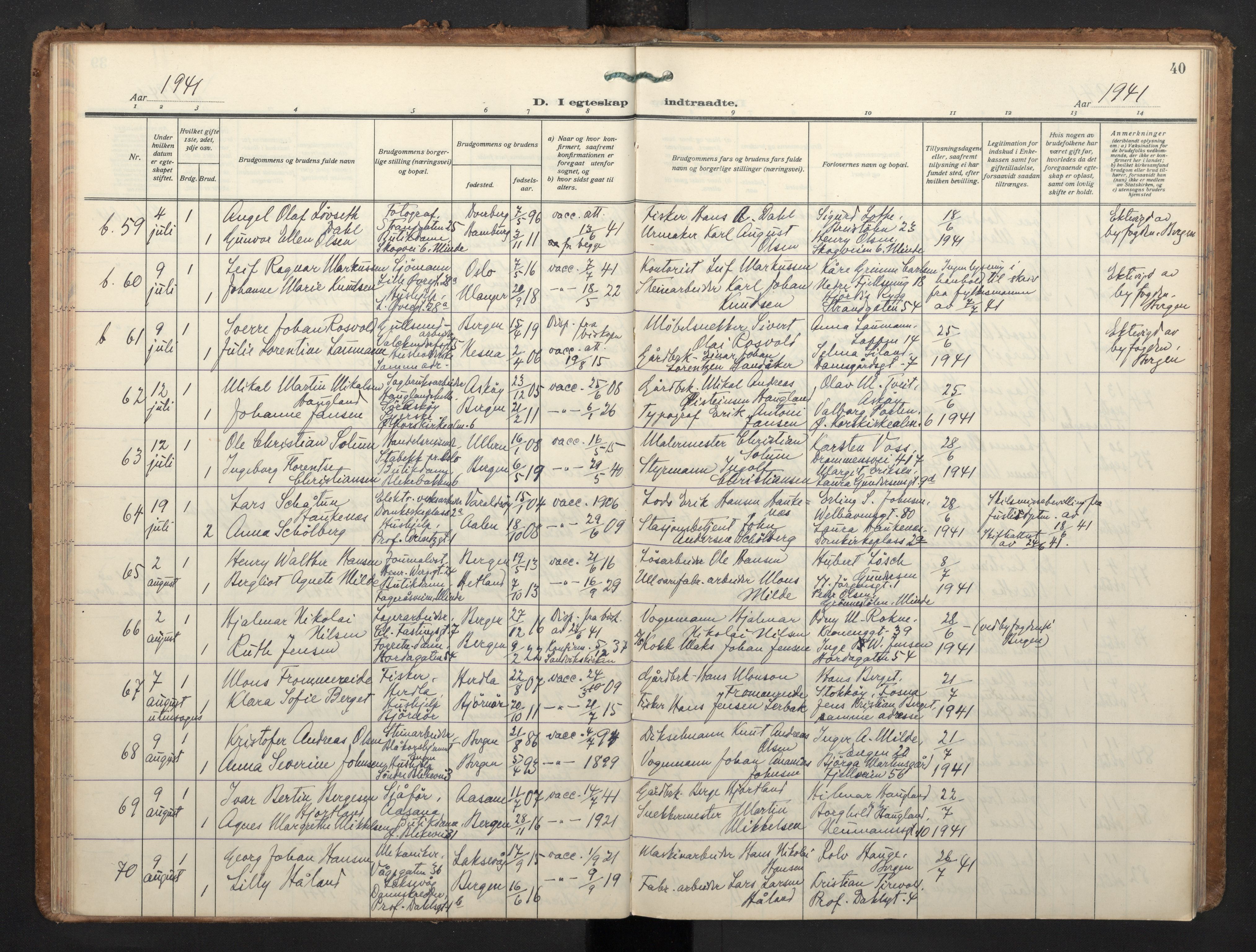 Korskirken sokneprestembete, AV/SAB-A-76101/H/Haa/L0040: Parish register (official) no. D 7, 1938-1952, p. 39b-40a