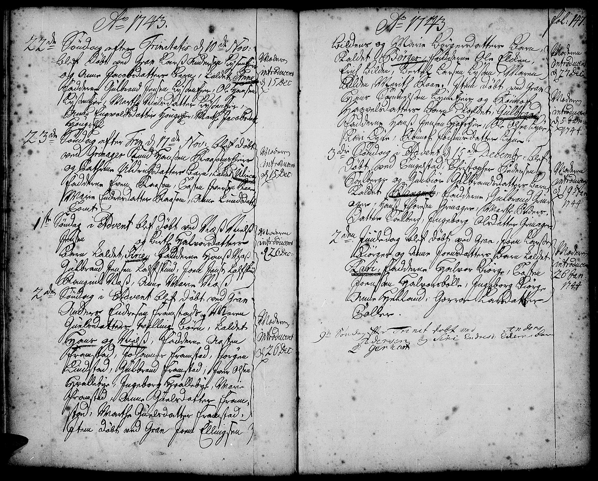Gran prestekontor, SAH/PREST-112/H/Ha/Haa/L0002: Parish register (official) no. 2, 1732-1744, p. 147