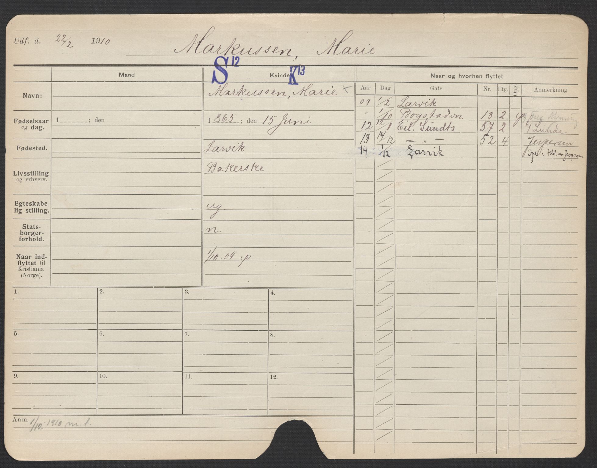 Oslo folkeregister, Registerkort, AV/SAO-A-11715/F/Fa/Fac/L0020: Kvinner, 1906-1914, p. 577a