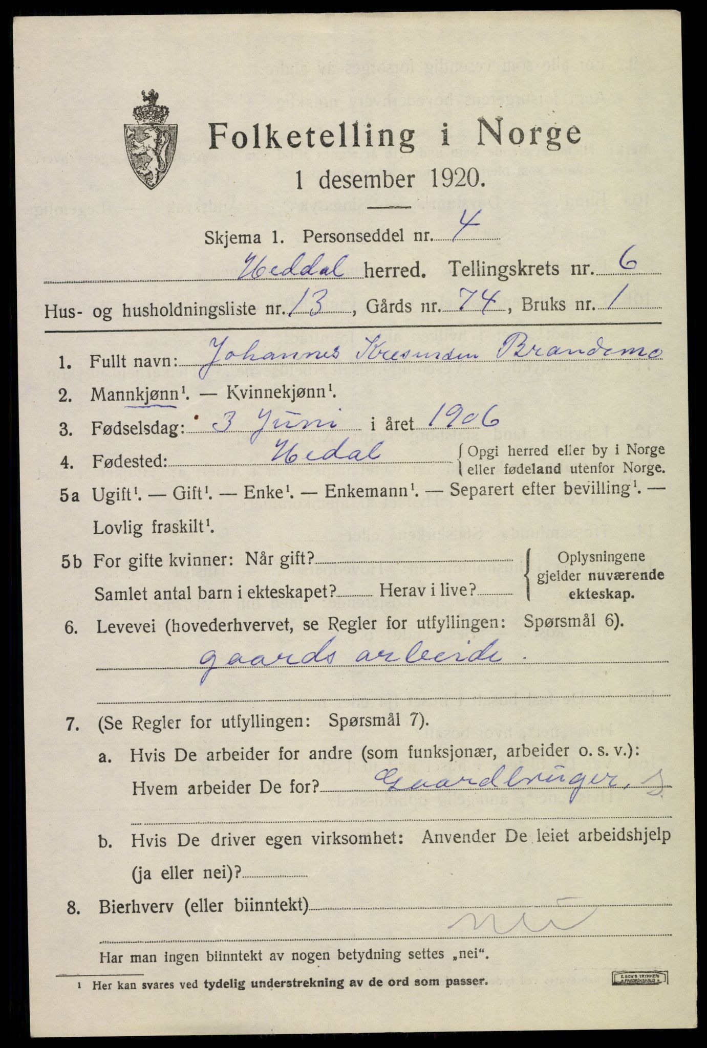 SAKO, 1920 census for Heddal, 1920, p. 5308