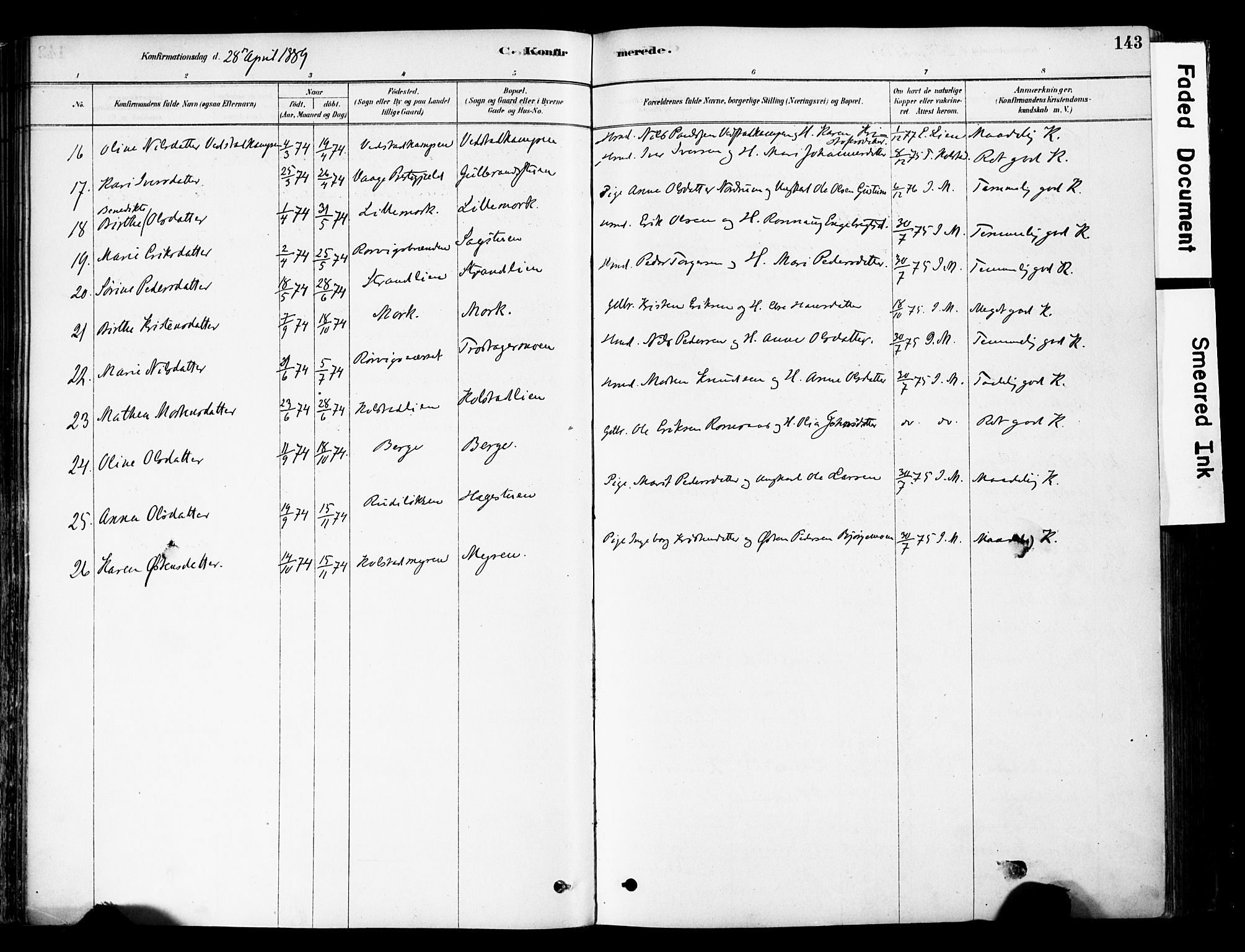 Ringebu prestekontor, AV/SAH-PREST-082/H/Ha/Haa/L0008: Parish register (official) no. 8, 1878-1898, p. 143