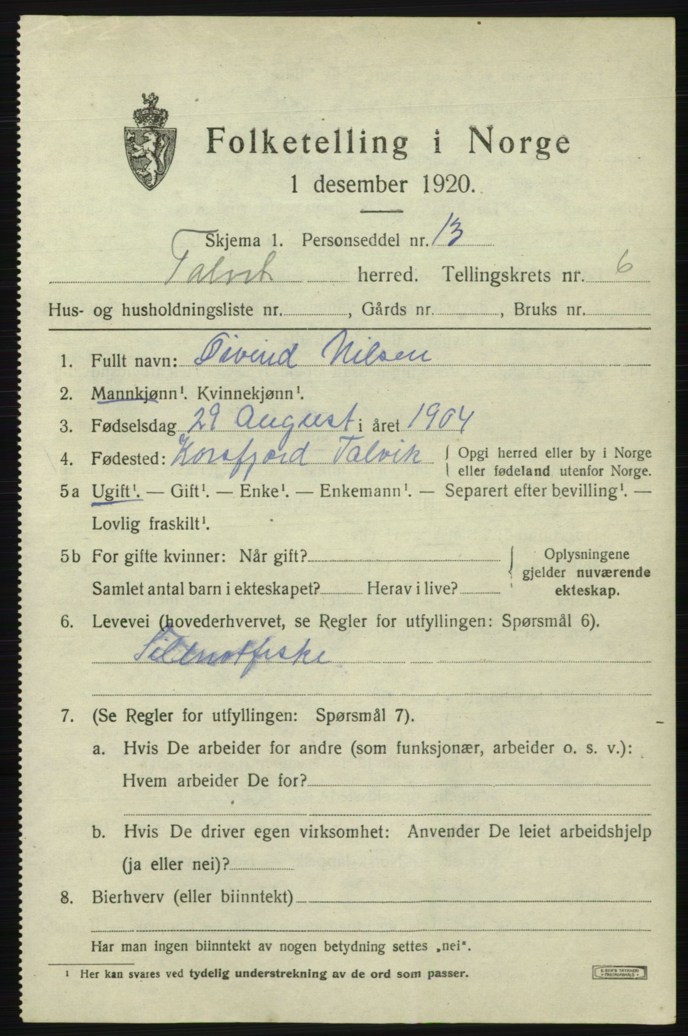 SATØ, 1920 census for Talvik, 1920, p. 4042