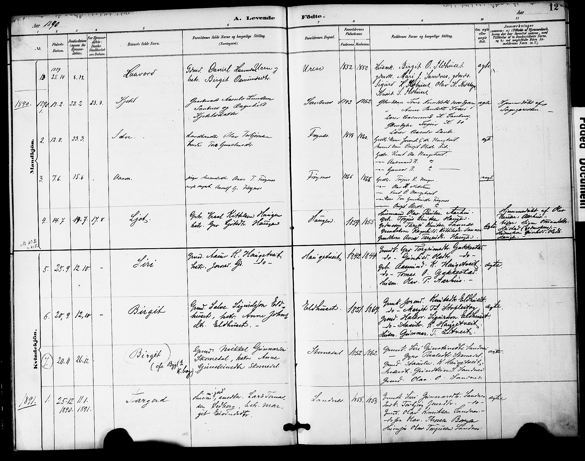 Bygland sokneprestkontor, SAK/1111-0006/F/Fa/Fac/L0001: Parish register (official) no. A 1, 1885-1909, p. 12