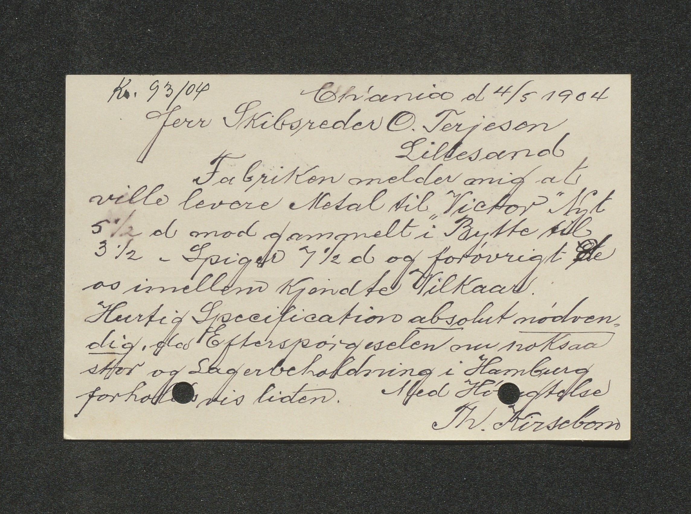O. Terjesens rederi, AAKS/PA-2525/E/E01/L0013: Korrespondanse, 1904-1905