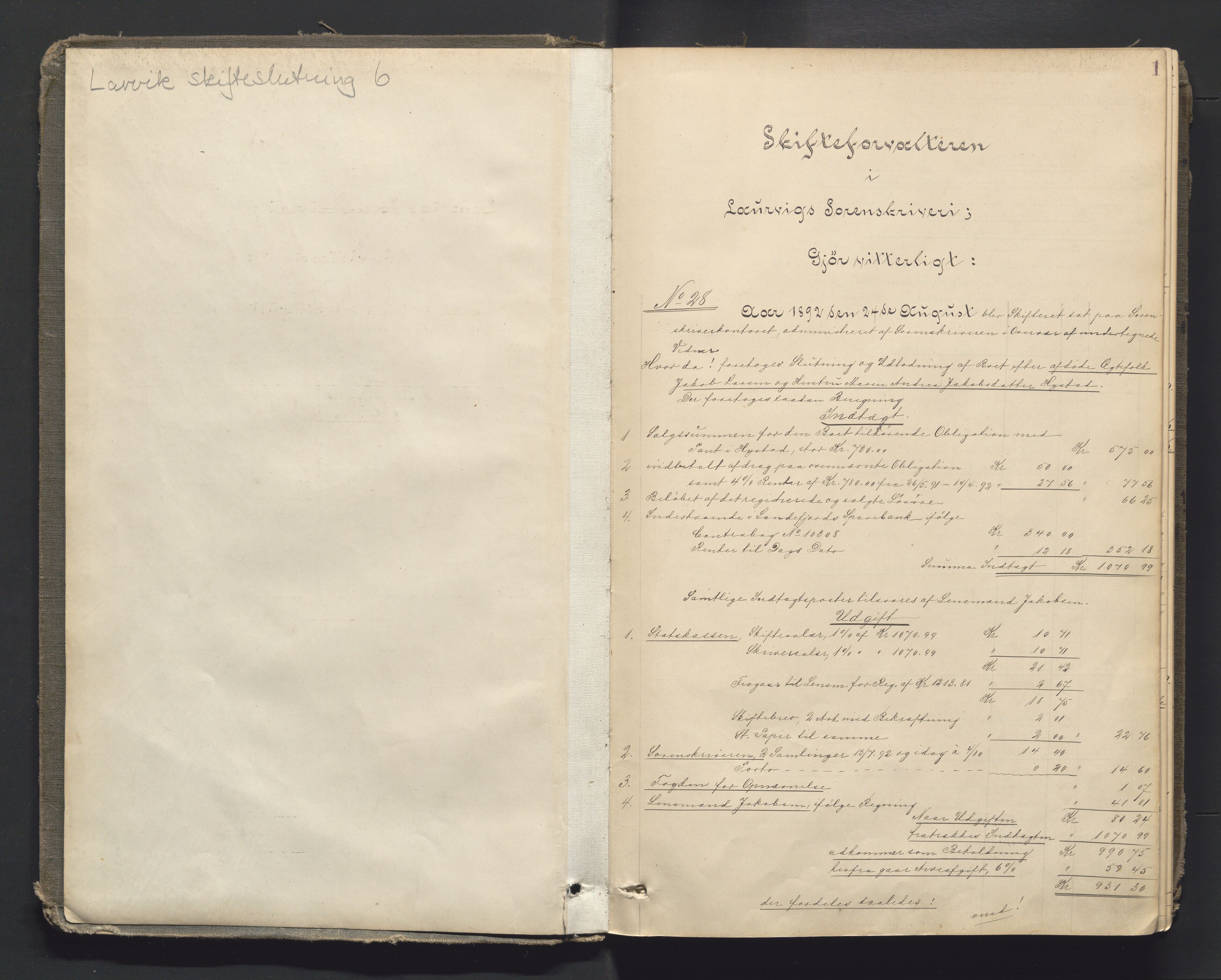 Larvik sorenskriveri, SAKO/A-83/H/Hd/Hdd/L0006: Skifteutlodningsprotokoll, 1892-1901, p. 1