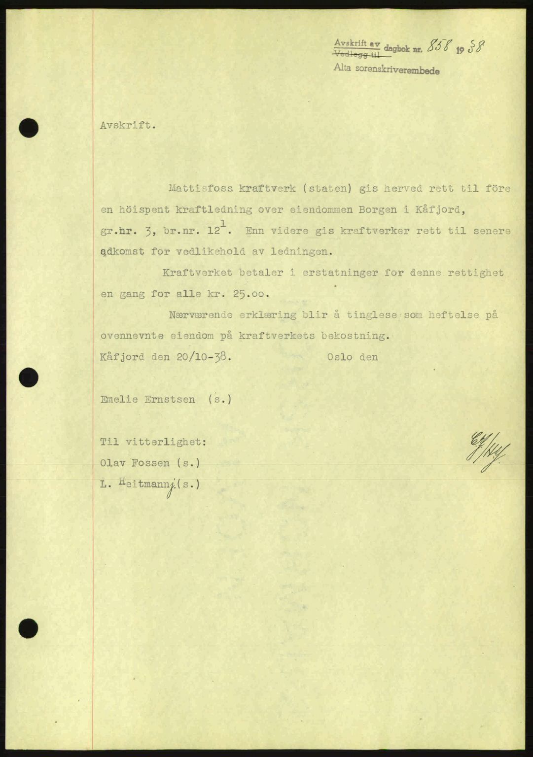 Alta fogderi/sorenskriveri, SATØ/SATØ-5/1/K/Kd/L0031pantebok: Mortgage book no. 31, 1938-1939, Diary no: : 858/1938