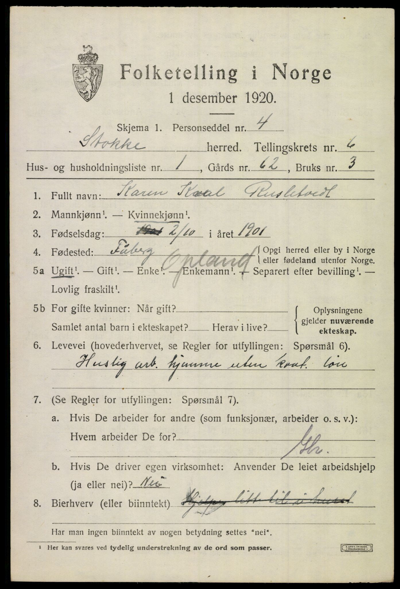 SAKO, 1920 census for Stokke, 1920, p. 7242