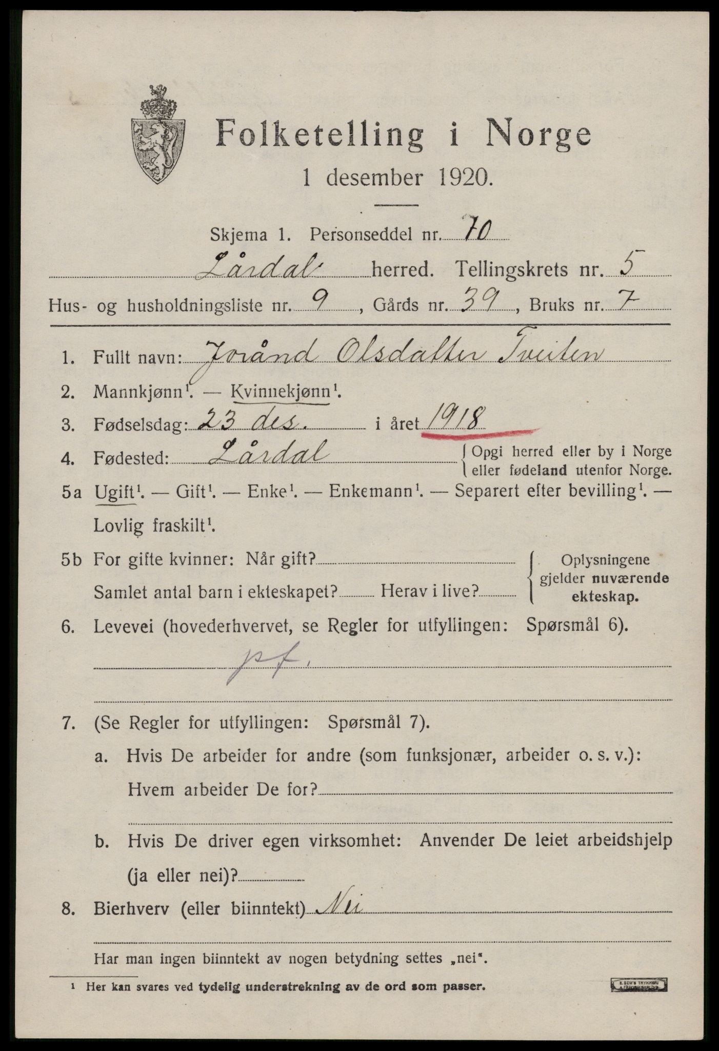 SAKO, 1920 census for Lårdal, 1920, p. 2517