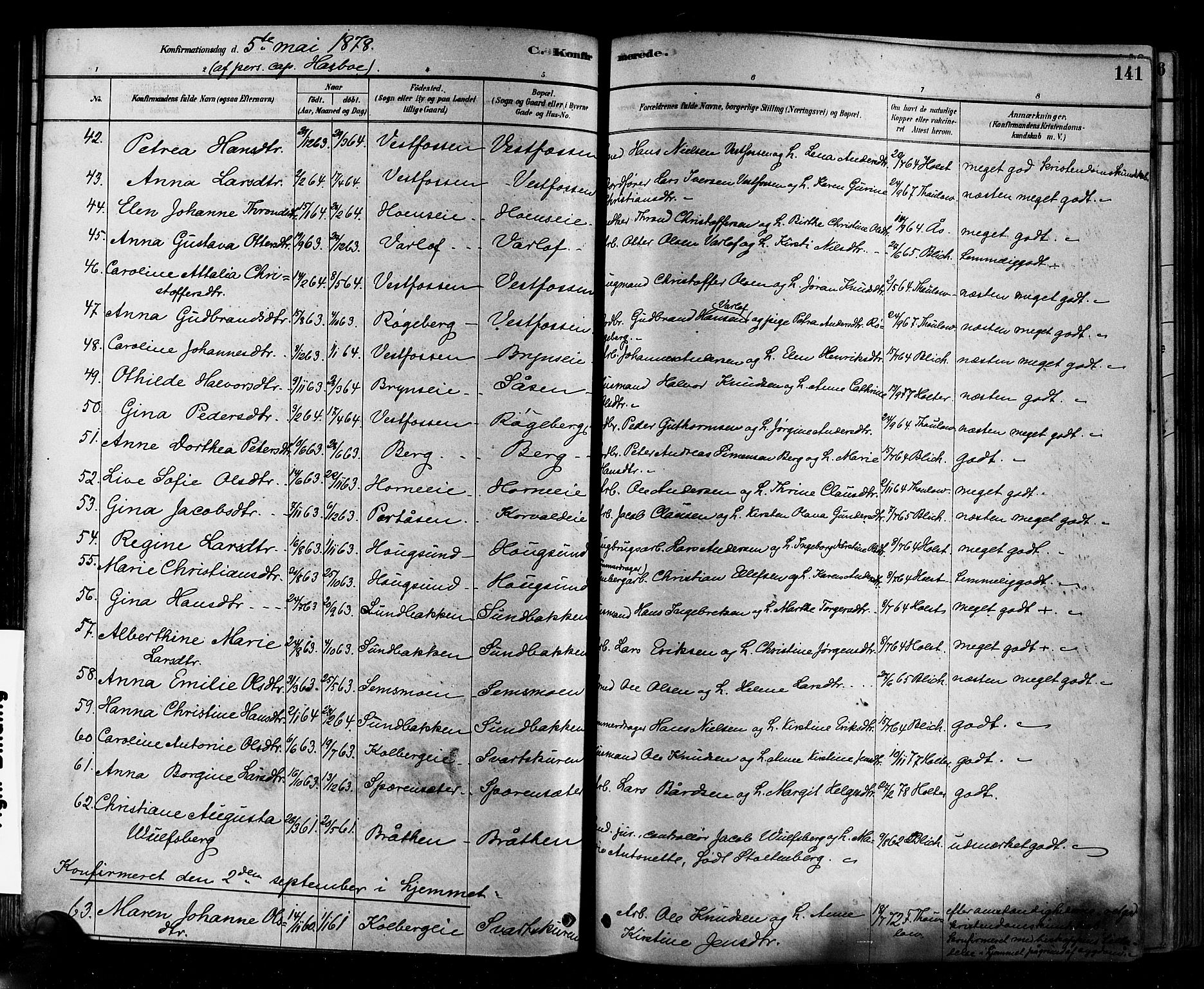 Eiker kirkebøker, AV/SAKO-A-4/F/Fb/L0001: Parish register (official) no. II 1, 1878-1888, p. 141