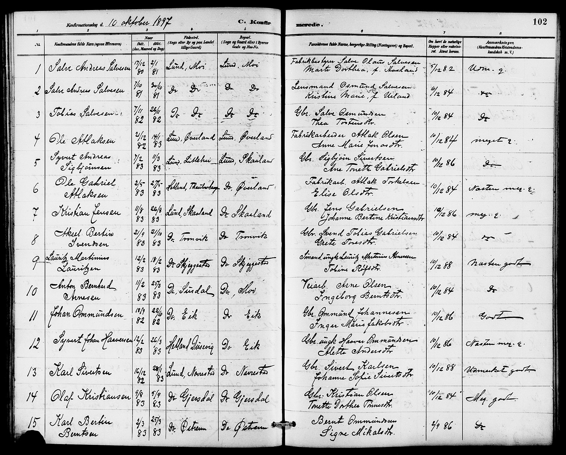 Lund sokneprestkontor, AV/SAST-A-101809/S07/L0006: Parish register (copy) no. B 6, 1885-1901, p. 102