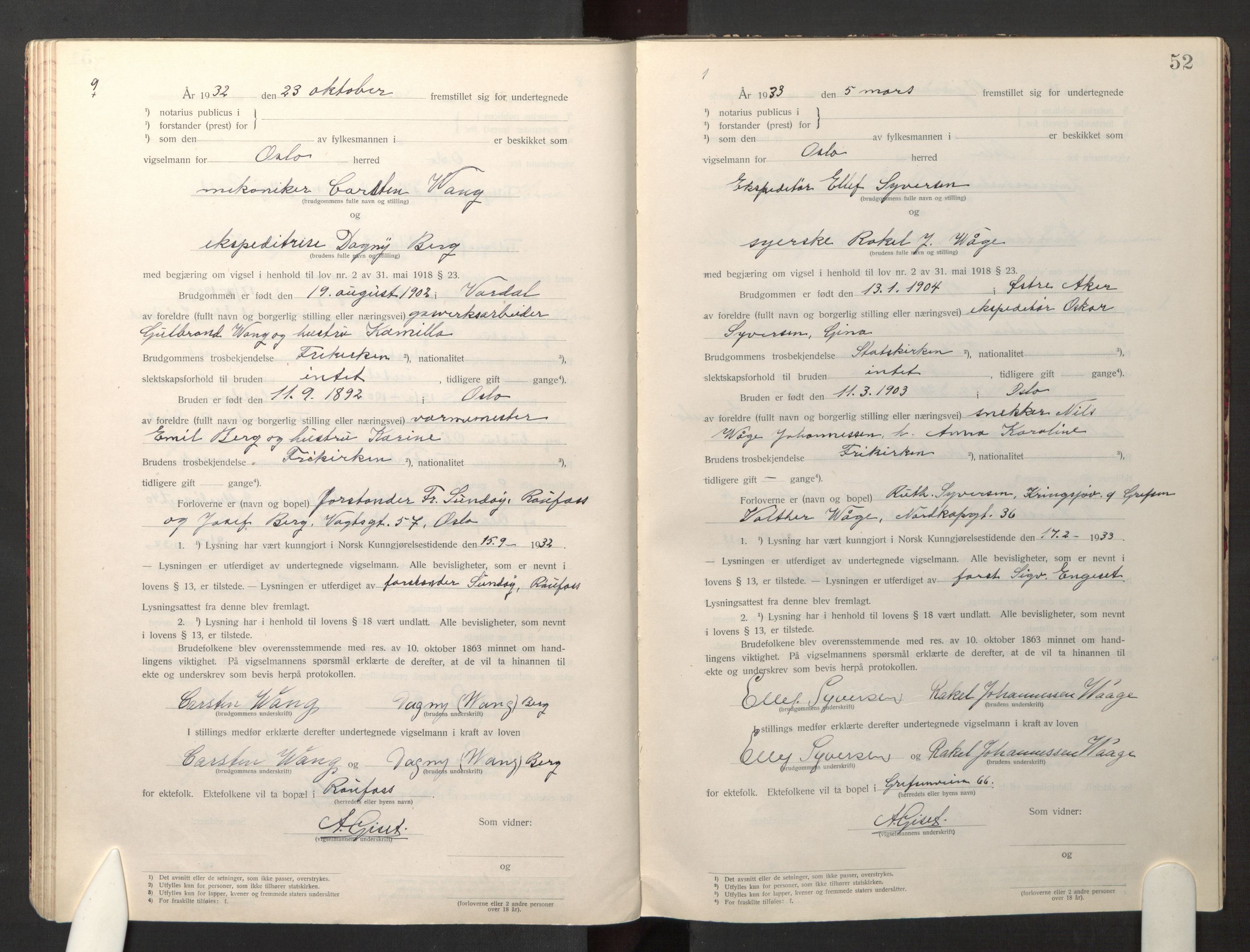 Den evangelisk-lutherske frikirke østre menighet, Oslo, SAO/PAO-0245/F/L0005: Marriage register (dissenter) no. 5, 1920-1941, p. 52
