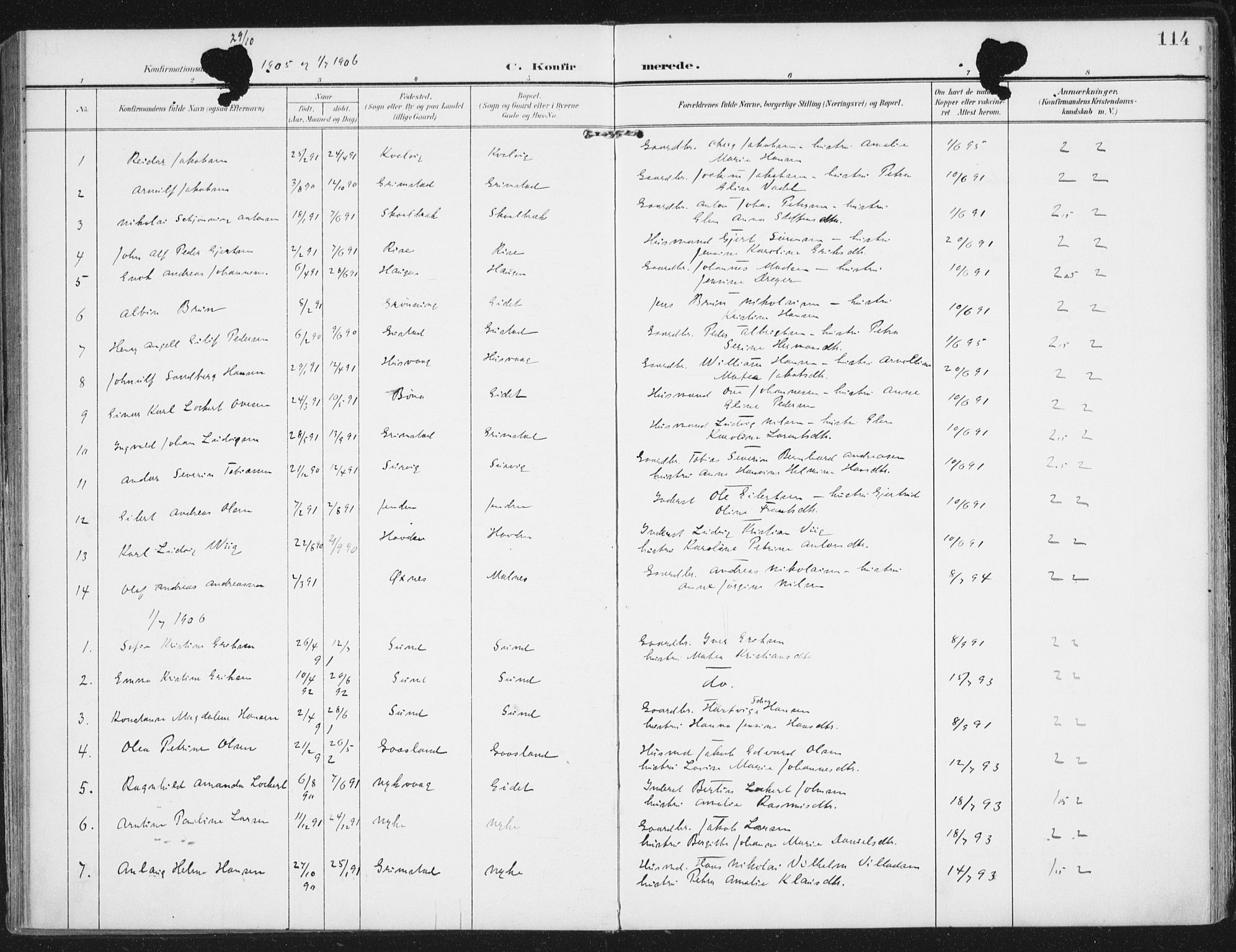 Ministerialprotokoller, klokkerbøker og fødselsregistre - Nordland, SAT/A-1459/892/L1321: Parish register (official) no. 892A02, 1902-1918, p. 114
