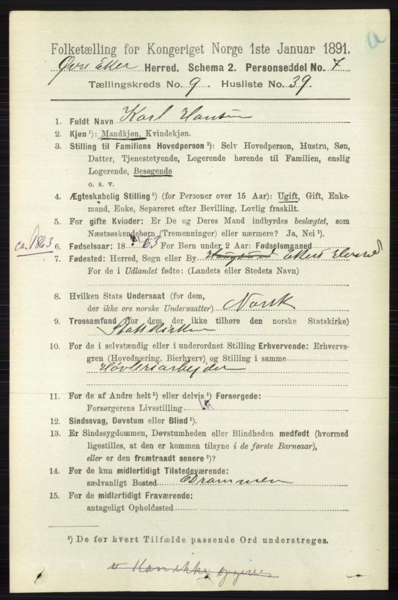 RA, 1891 census for 0624 Øvre Eiker, 1891, p. 3860