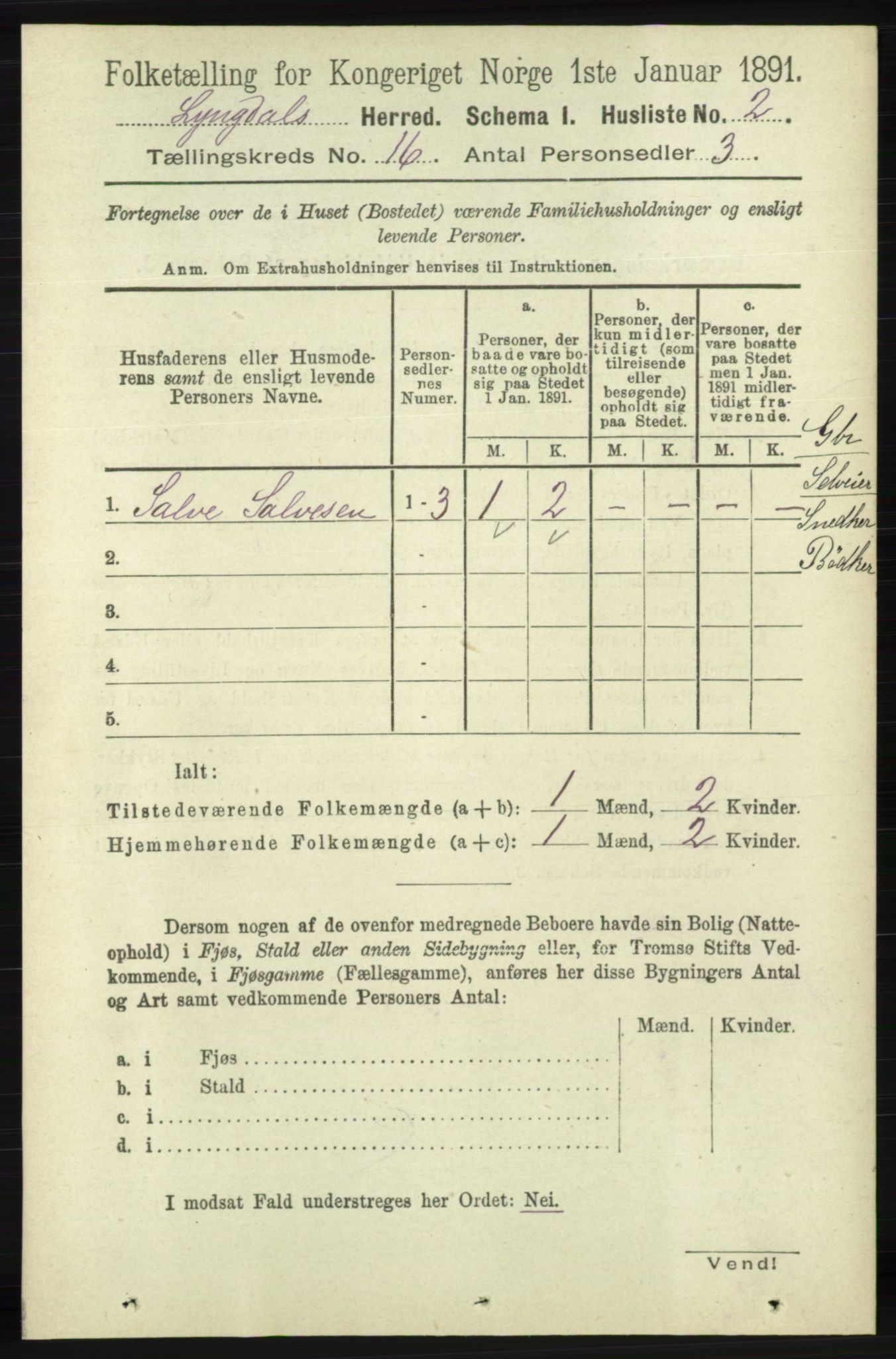 RA, 1891 census for 1032 Lyngdal, 1891, p. 6214