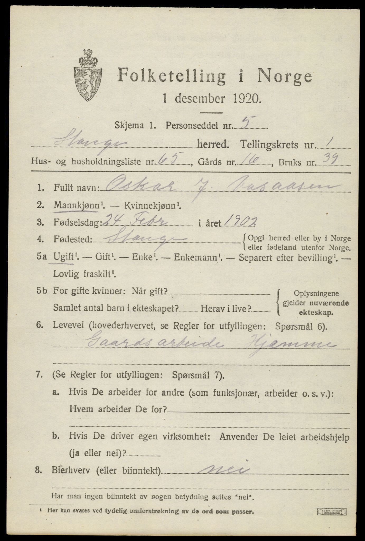 SAH, 1920 census for Stange, 1920, p. 3691