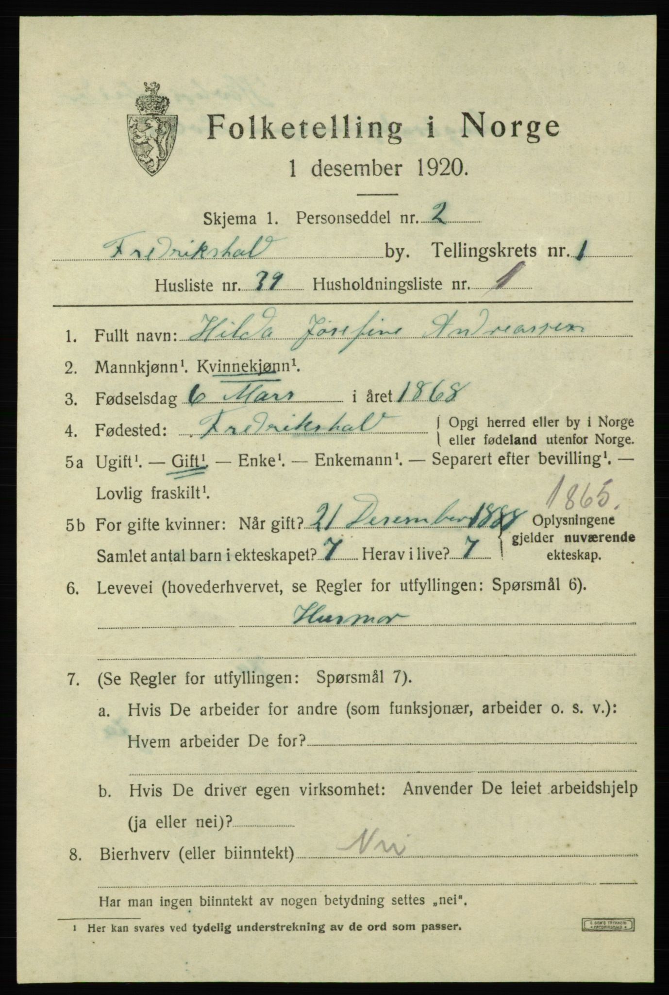 SAO, 1920 census for Fredrikshald, 1920, p. 8847