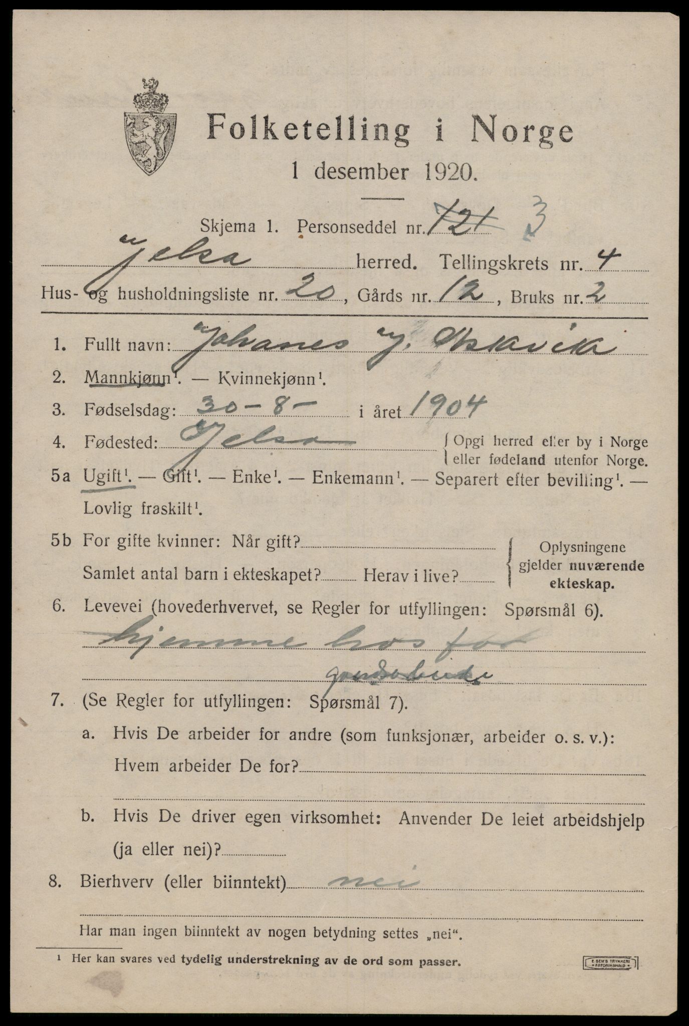 SAST, 1920 census for Jelsa, 1920, p. 1418