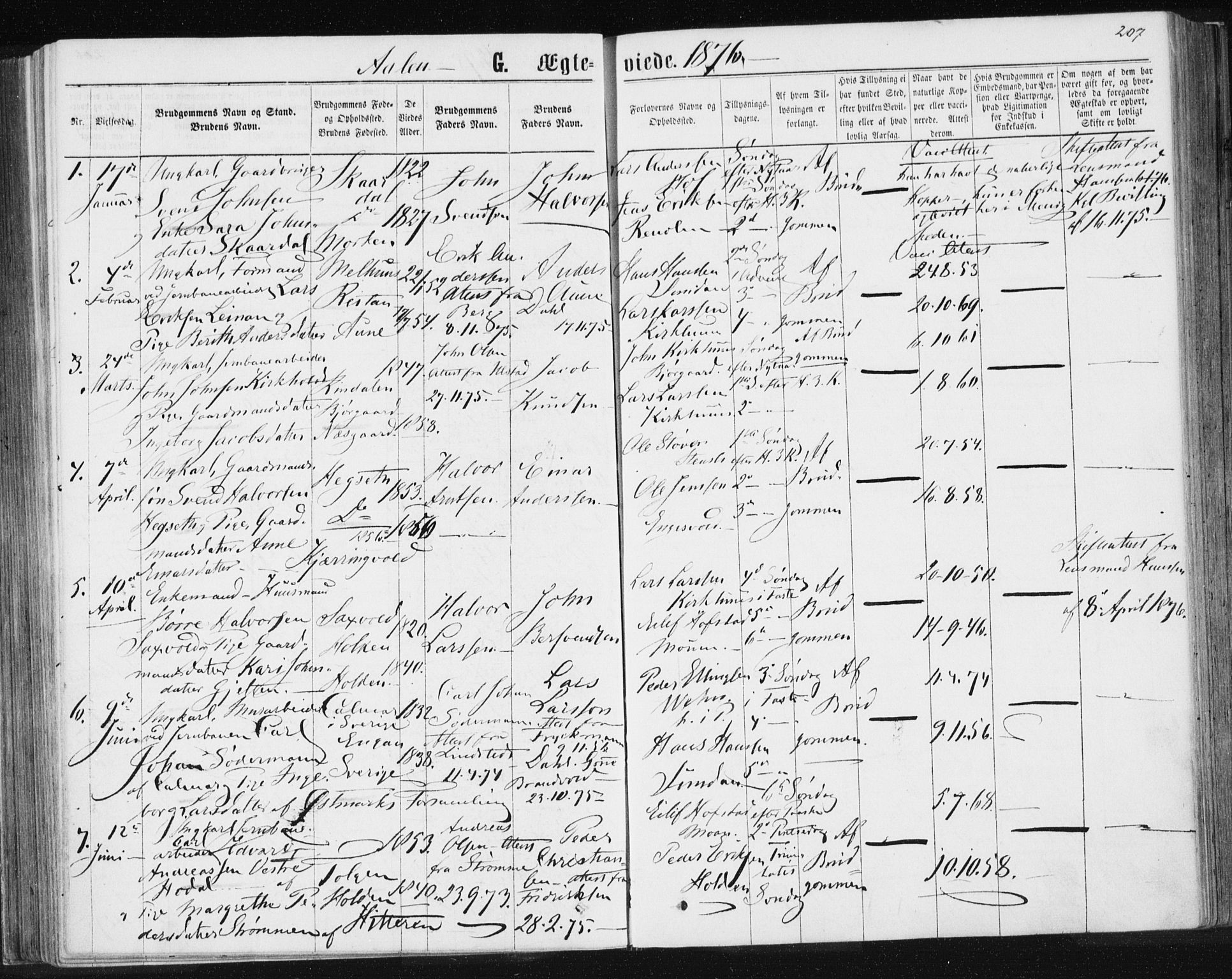 Ministerialprotokoller, klokkerbøker og fødselsregistre - Sør-Trøndelag, SAT/A-1456/685/L0971: Parish register (official) no. 685A08 /3, 1870-1879, p. 207