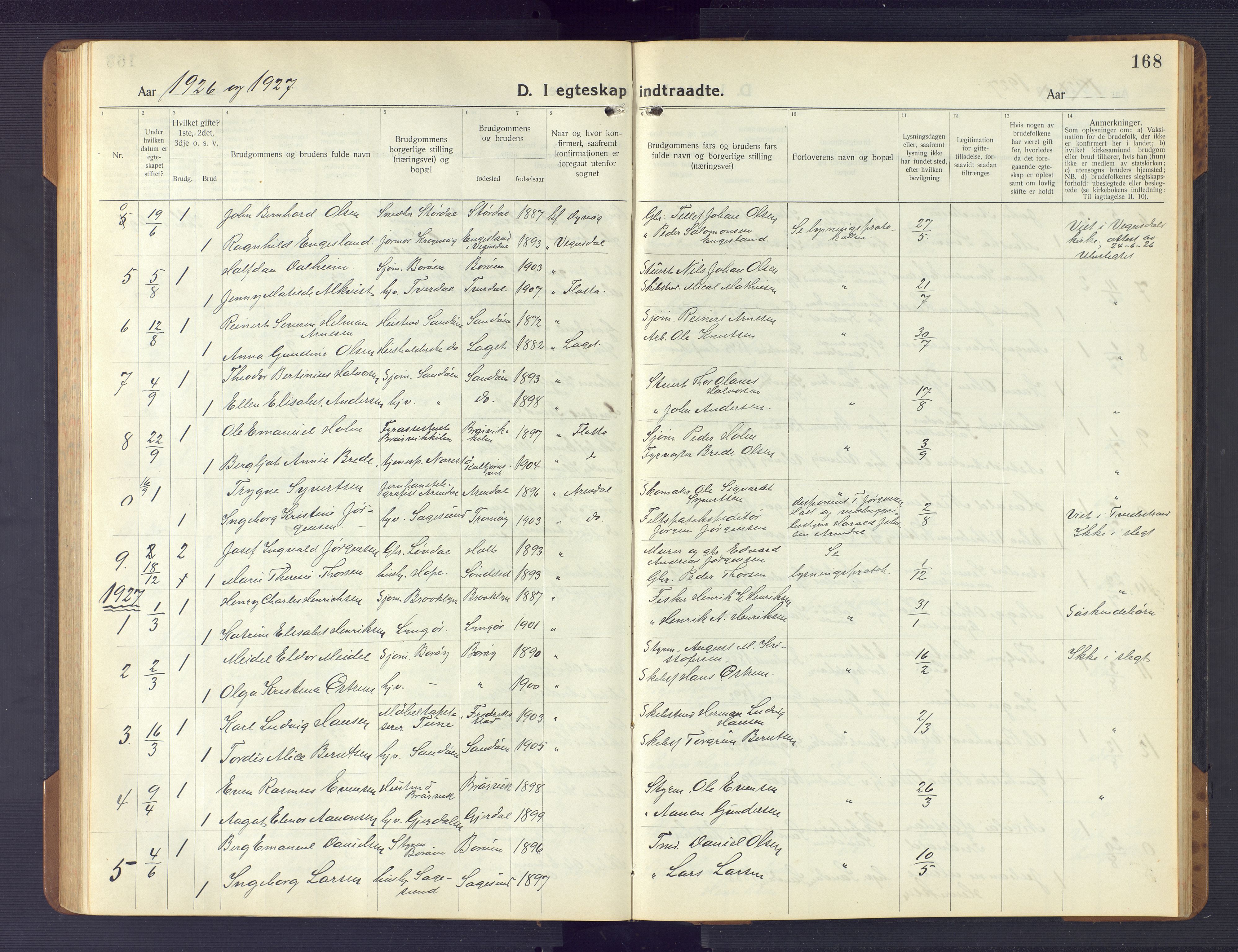 Dypvåg sokneprestkontor, SAK/1111-0007/F/Fb/Fba/L0015: Parish register (copy) no. B 15, 1922-1949, p. 168