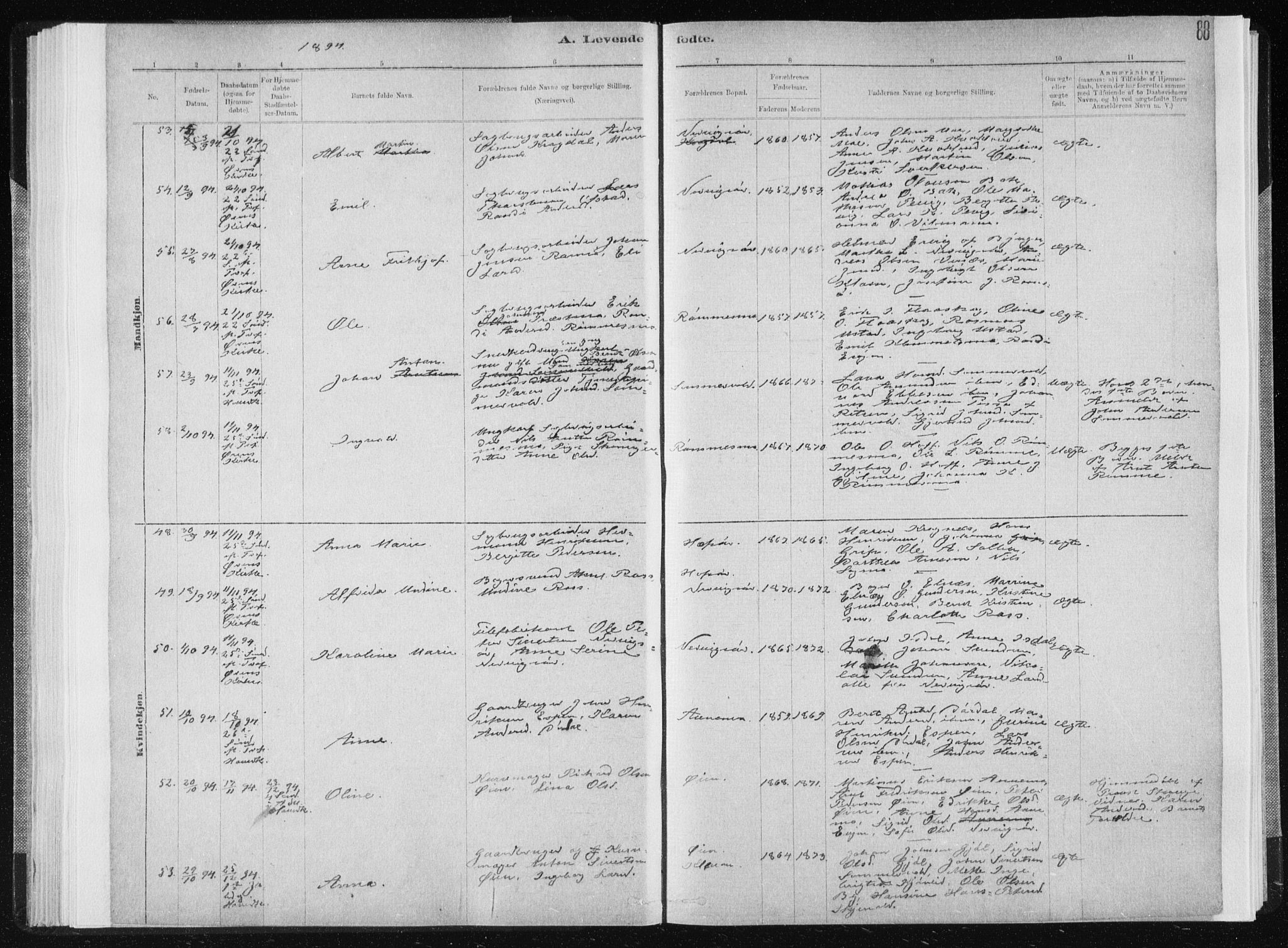 Ministerialprotokoller, klokkerbøker og fødselsregistre - Sør-Trøndelag, AV/SAT-A-1456/668/L0818: Parish register (copy) no. 668C07, 1885-1898, p. 88