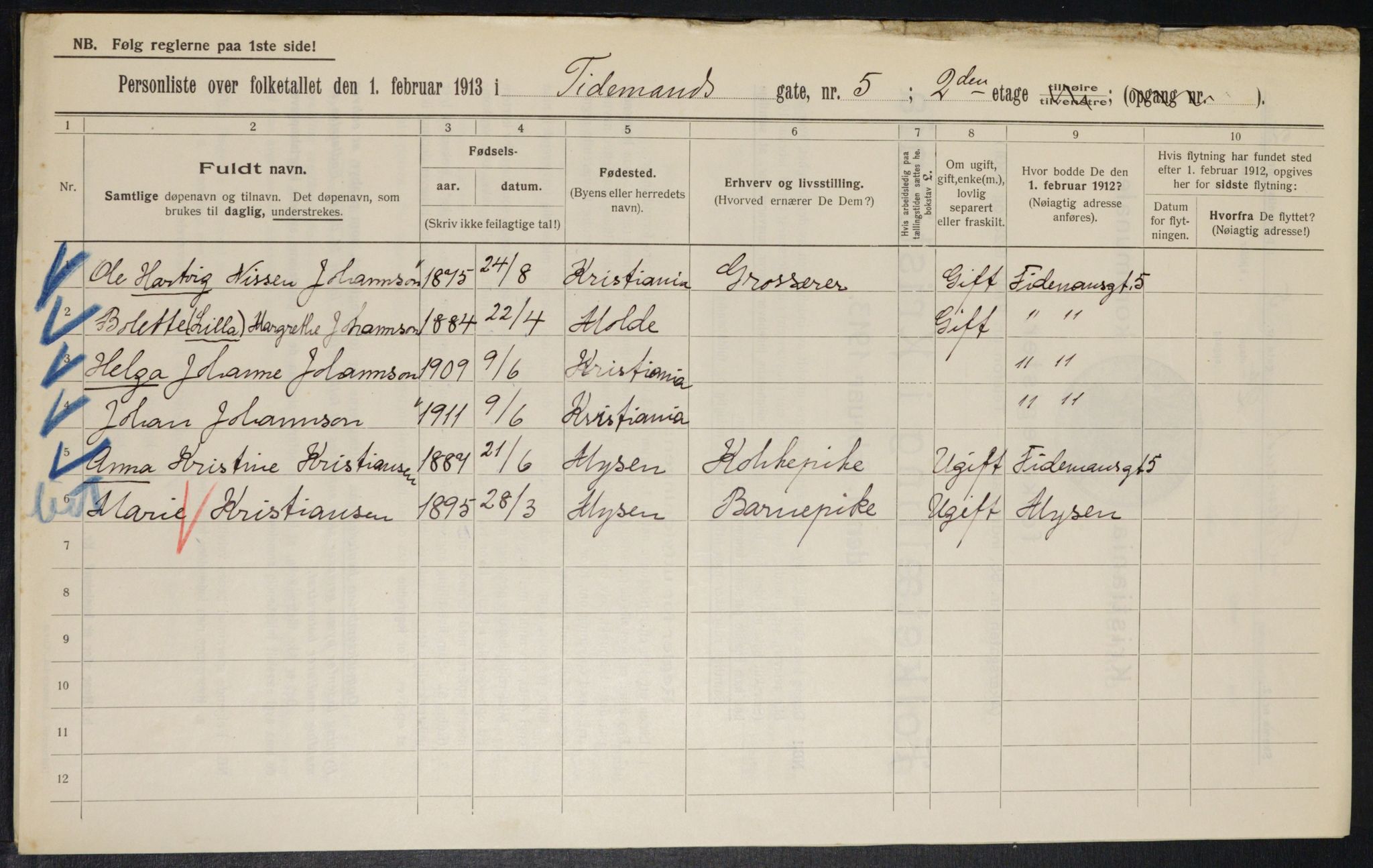 OBA, Municipal Census 1913 for Kristiania, 1913, p. 111414