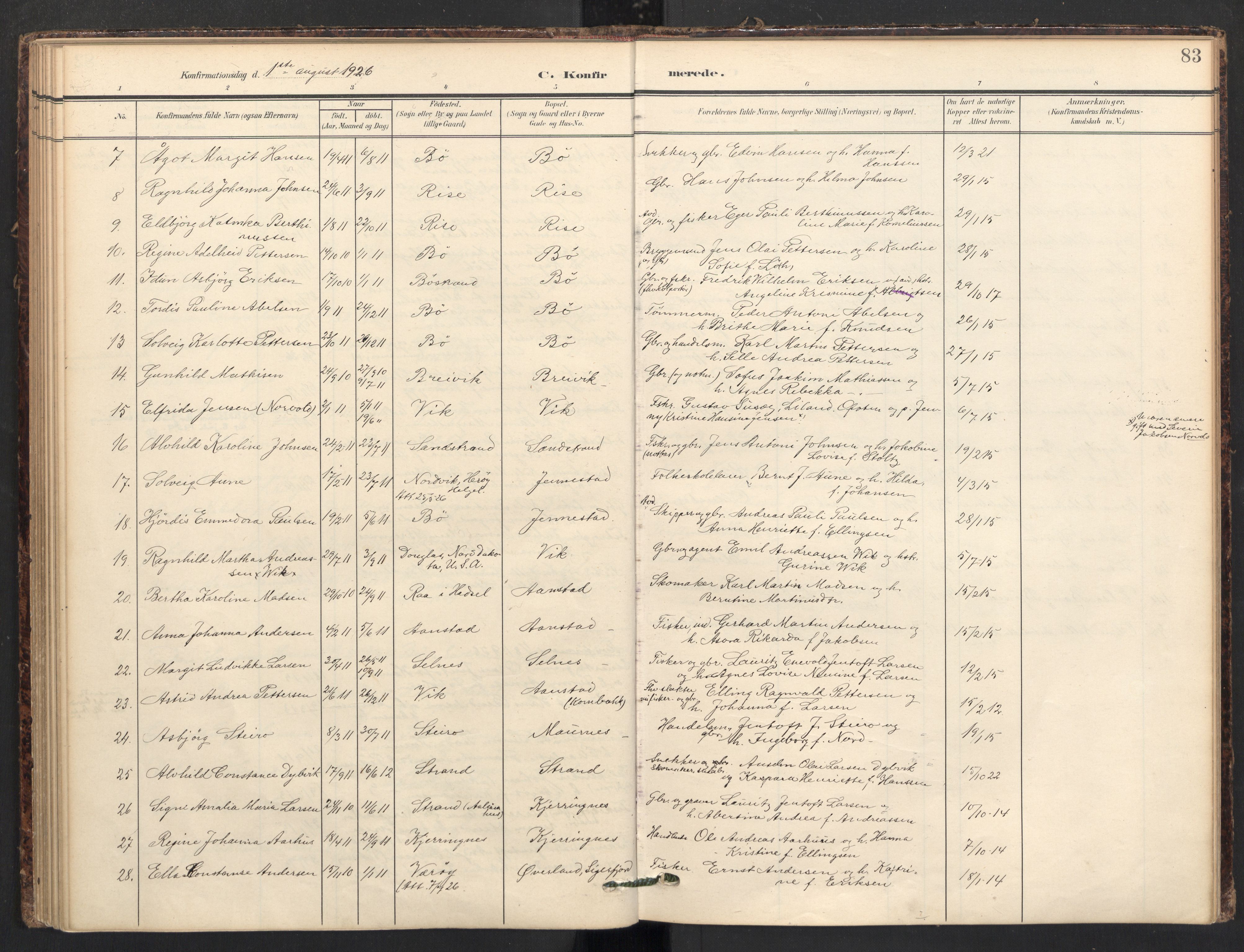 Ministerialprotokoller, klokkerbøker og fødselsregistre - Nordland, SAT/A-1459/895/L1375: Parish register (official) no. 895A10, 1907-1938, p. 83