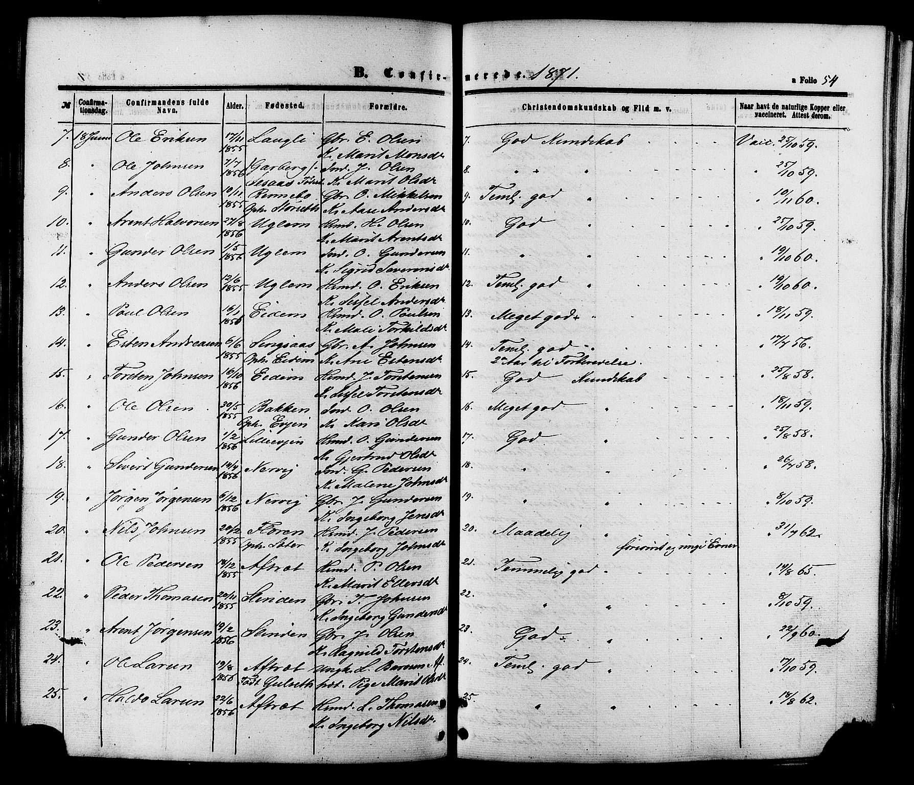Ministerialprotokoller, klokkerbøker og fødselsregistre - Sør-Trøndelag, SAT/A-1456/695/L1147: Parish register (official) no. 695A07, 1860-1877, p. 54