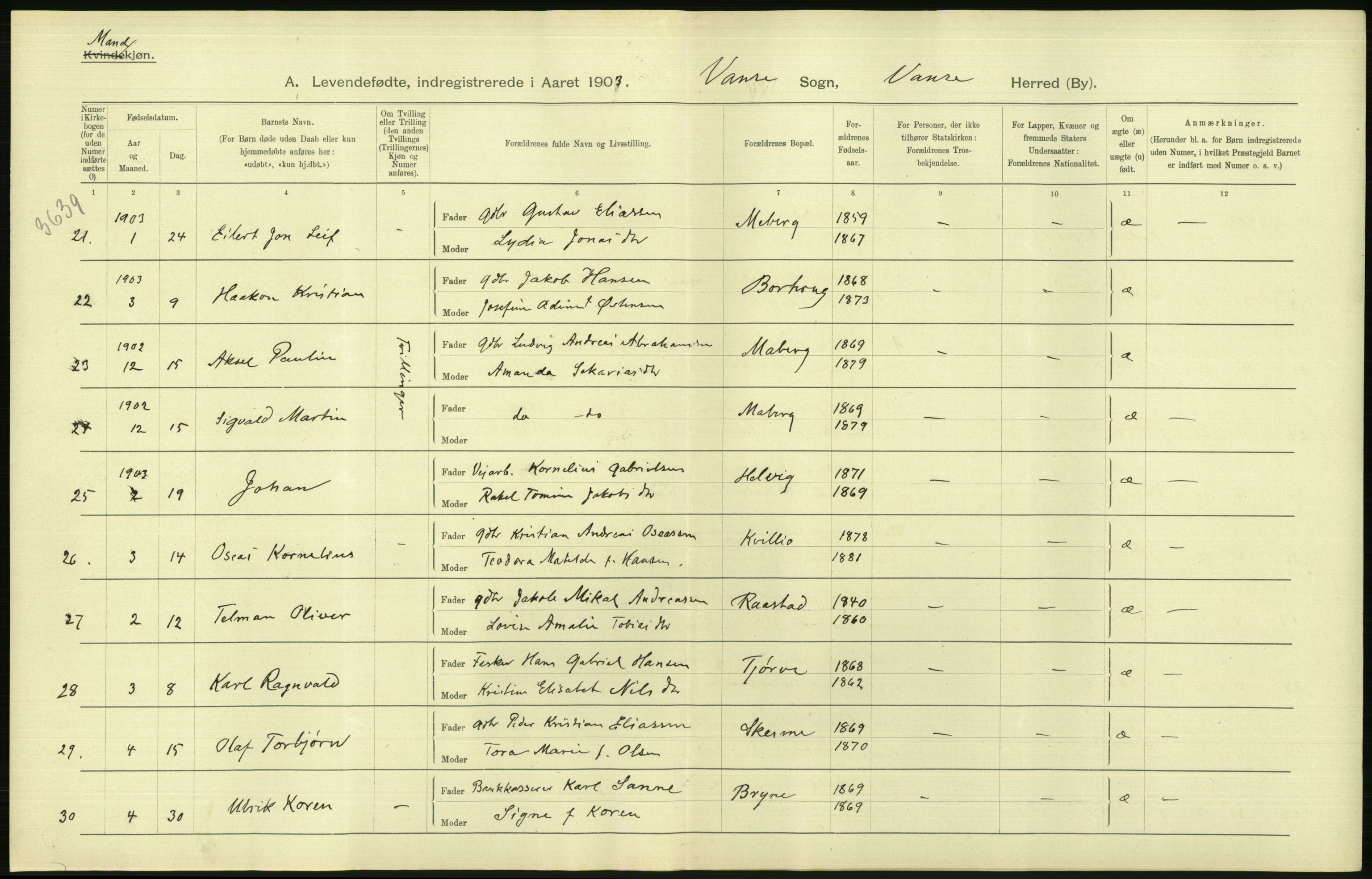 Statistisk sentralbyrå, Sosiodemografiske emner, Befolkning, AV/RA-S-2228/D/Df/Dfa/Dfaa/L0011: Lister og Mandal amt: Fødte, gifte, døde, 1903, p. 94