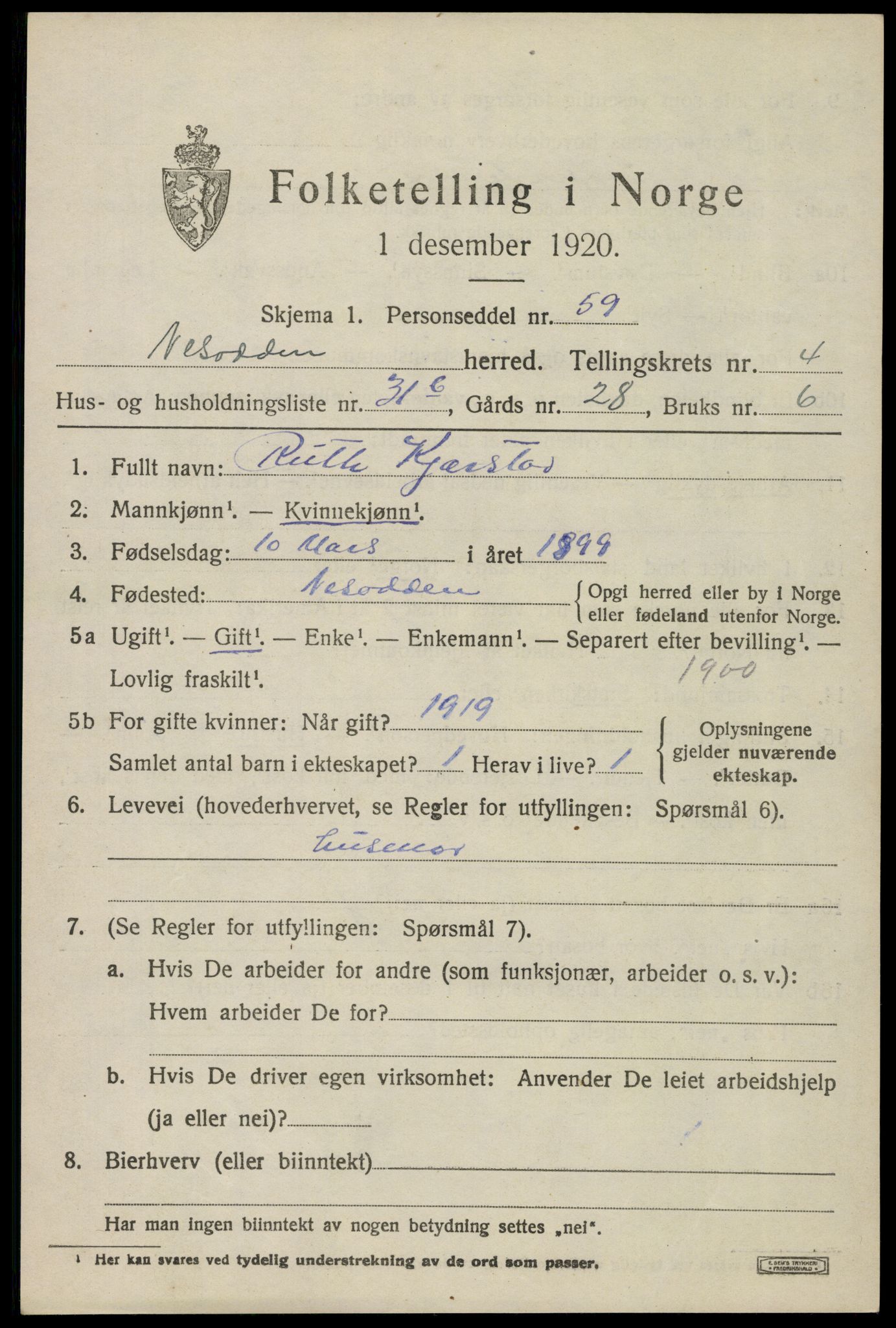 SAO, 1920 census for Nesodden, 1920, p. 4519