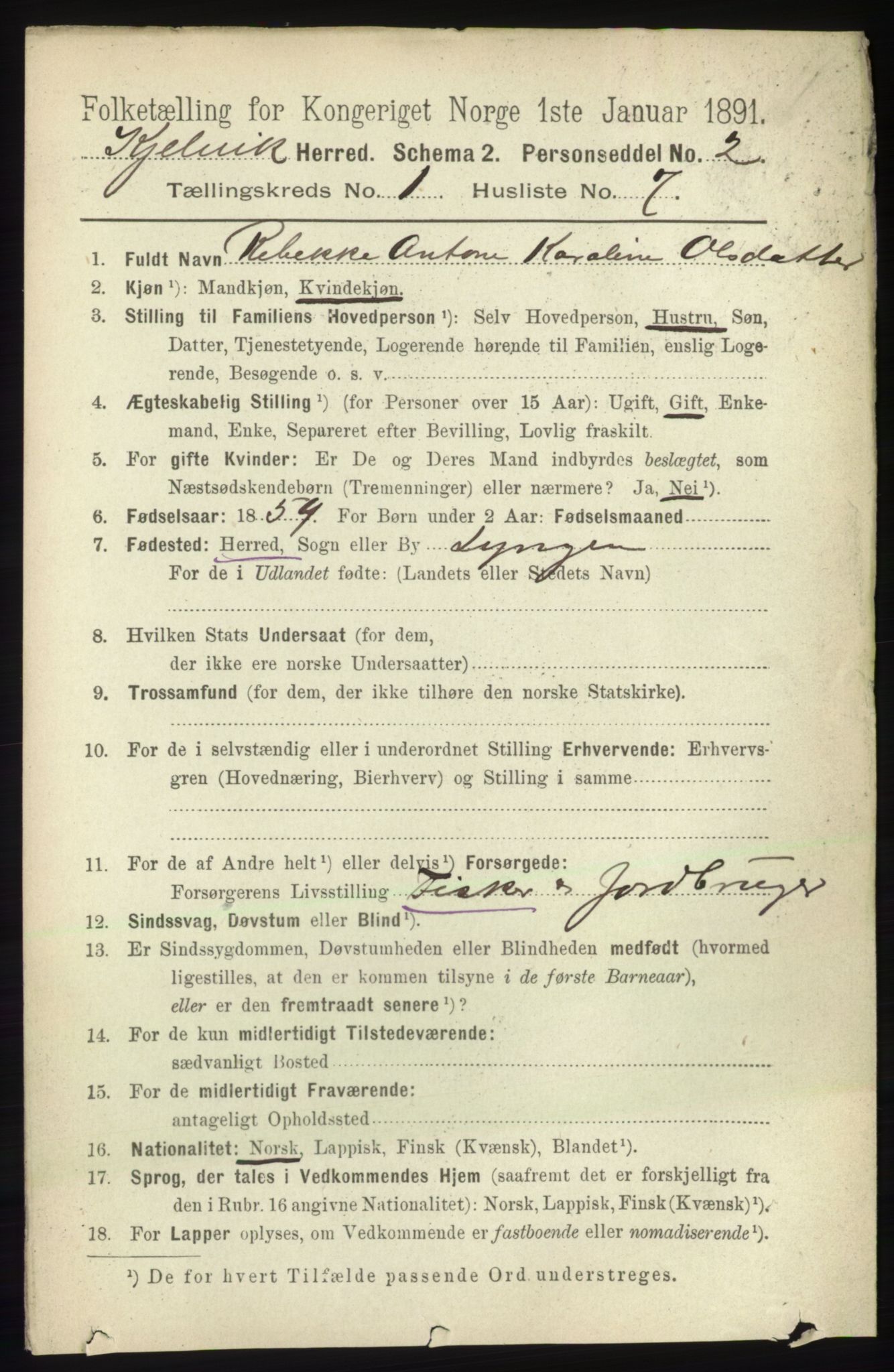 RA, 1891 census for 2019 Kjelvik, 1891, p. 70