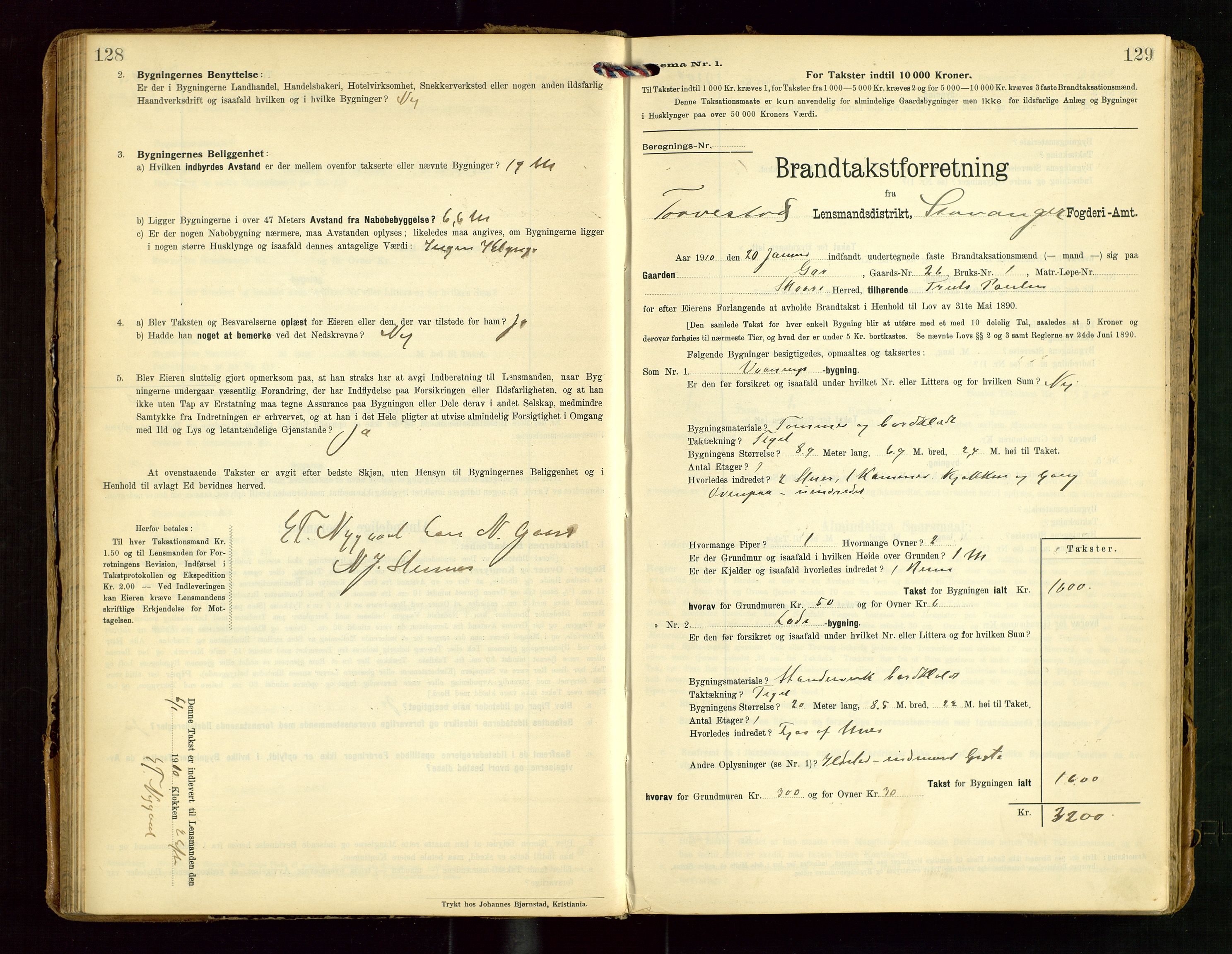 Torvestad lensmannskontor, AV/SAST-A-100307/1/Gob/L0004: "Brandtaxationsprotokol for Torvestad Lensmannsdistrikt", 1909-1923, p. 128-129