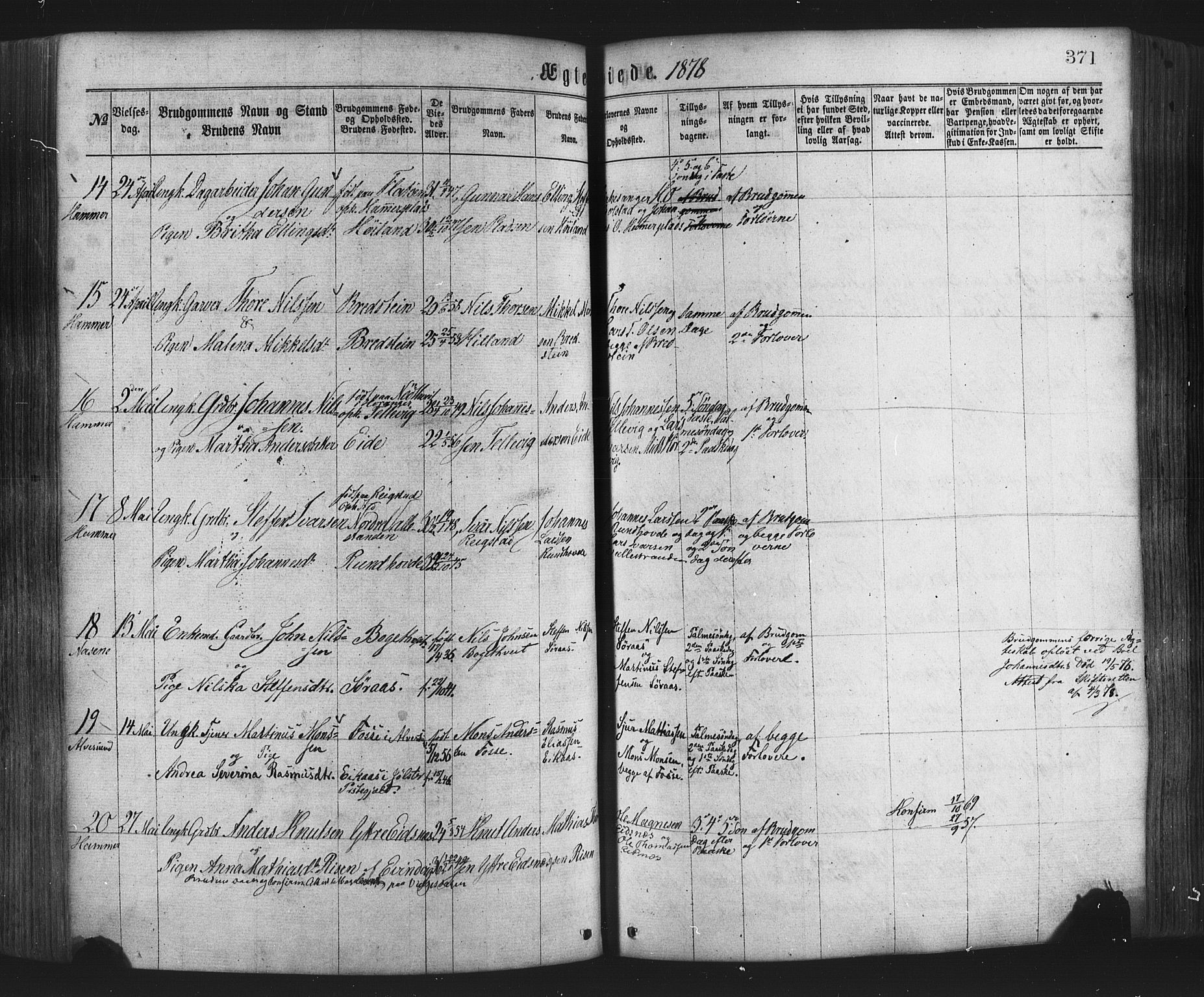 Hamre sokneprestembete, AV/SAB-A-75501/H/Ha/Haa/Haaa/L0015: Parish register (official) no. A 15, 1870-1881, p. 371