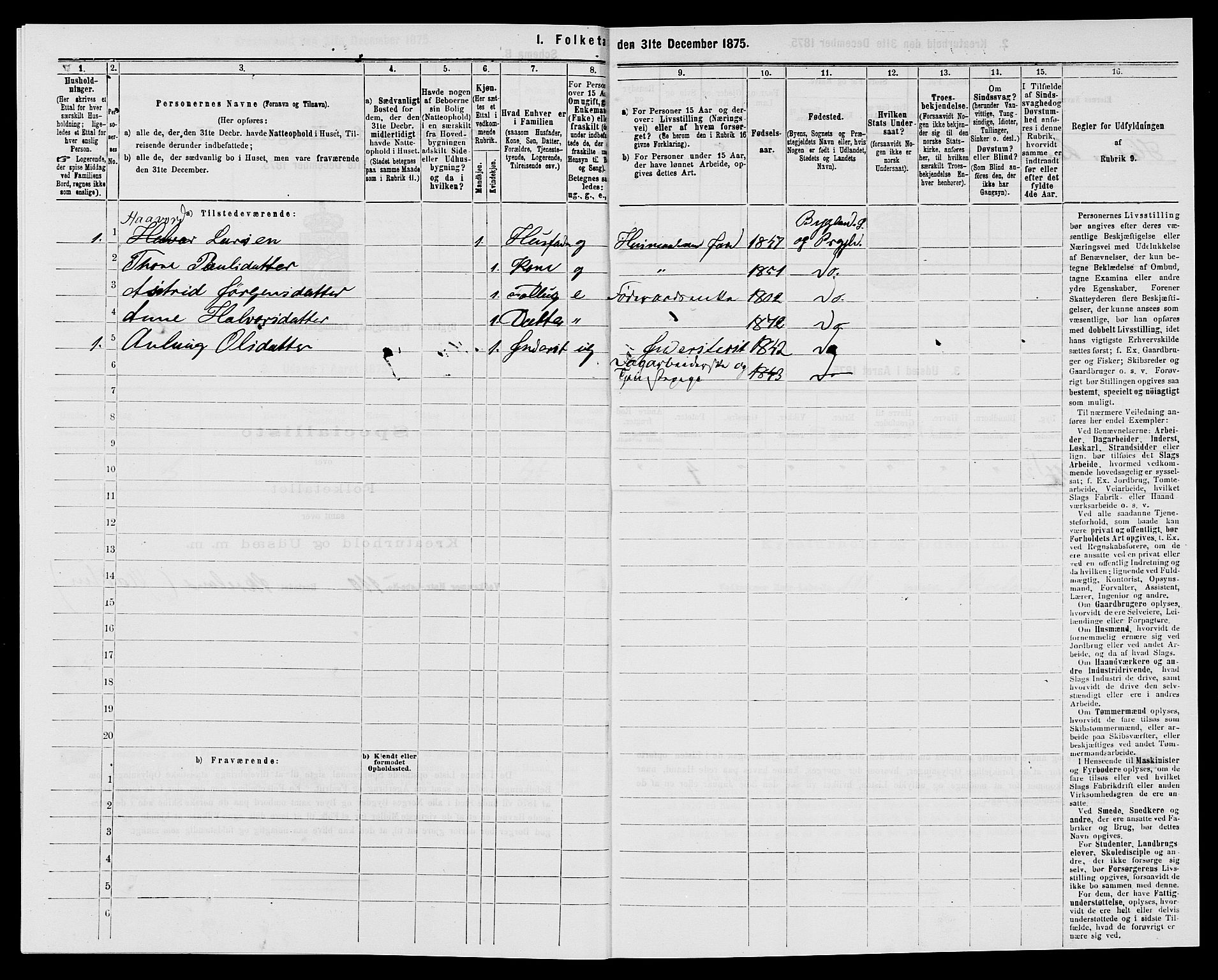 SAK, 1875 census for 0938P Bygland, 1875, p. 402