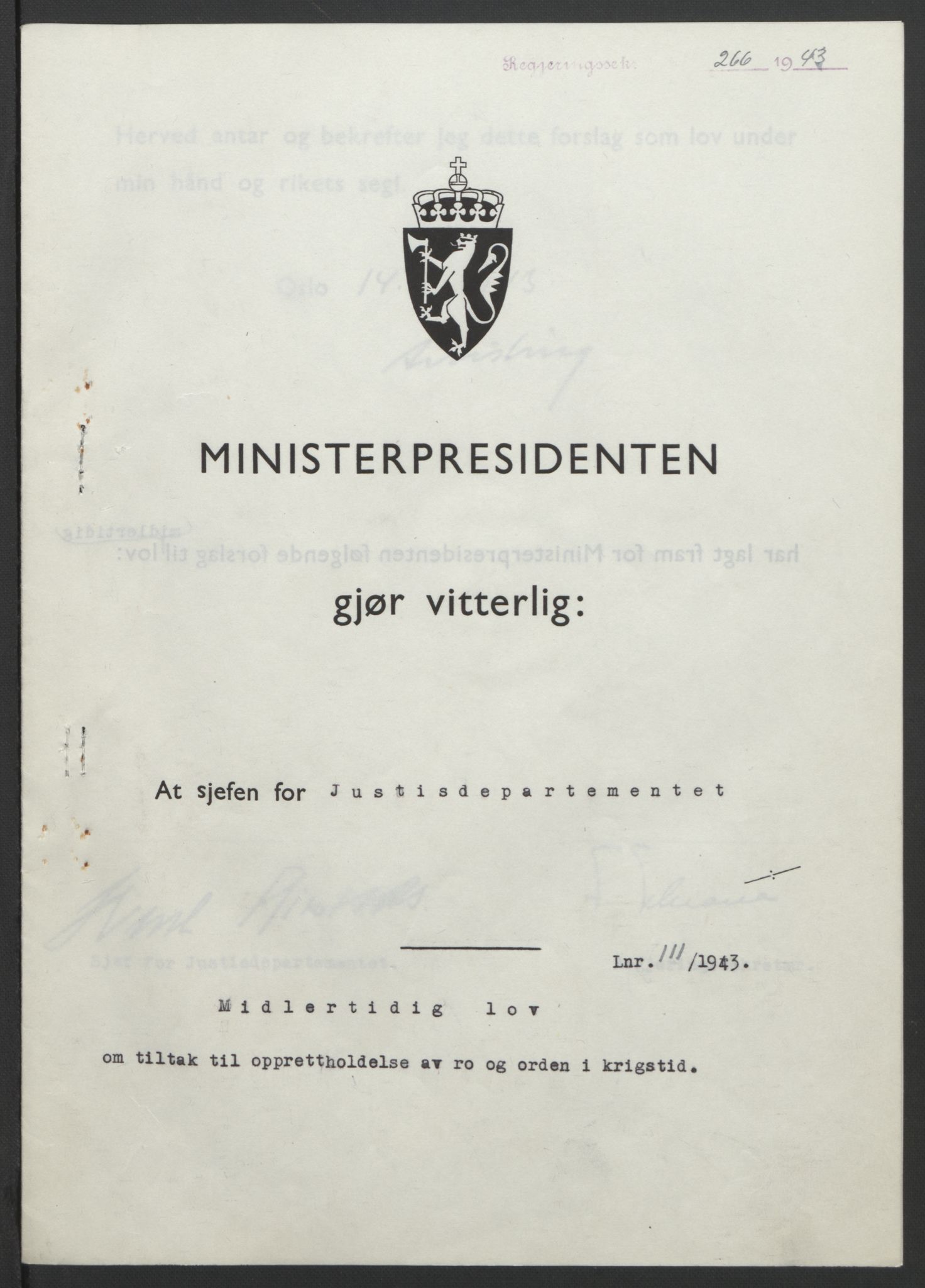 NS-administrasjonen 1940-1945 (Statsrådsekretariatet, de kommisariske statsråder mm), RA/S-4279/D/Db/L0099: Lover, 1943, p. 518