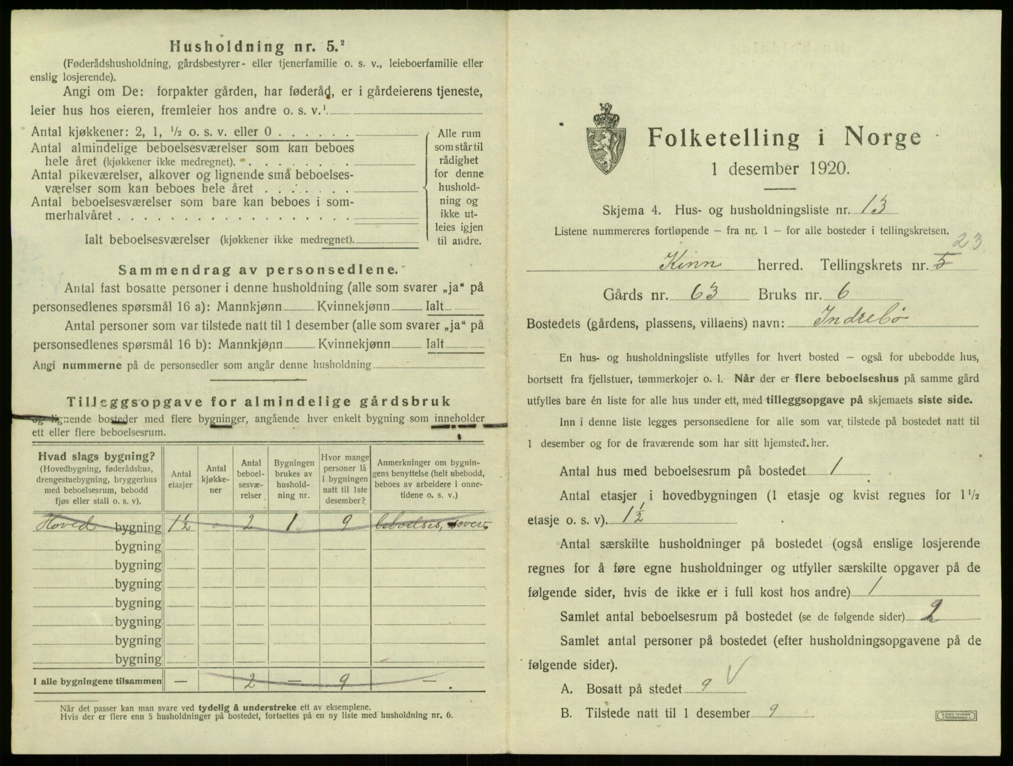 SAB, 1920 census for Kinn, 1920, p. 1164