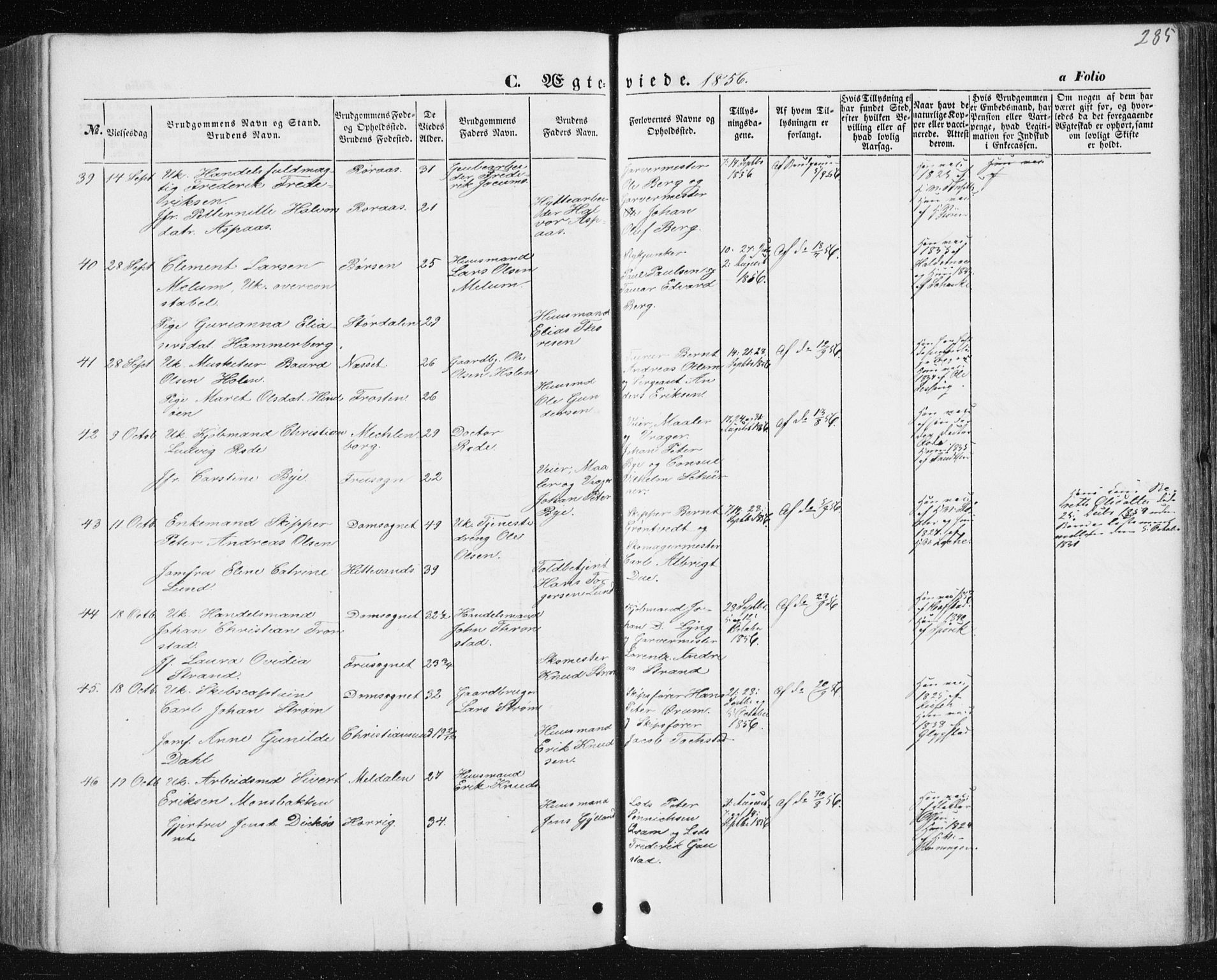 Ministerialprotokoller, klokkerbøker og fødselsregistre - Sør-Trøndelag, AV/SAT-A-1456/602/L0112: Parish register (official) no. 602A10, 1848-1859, p. 285