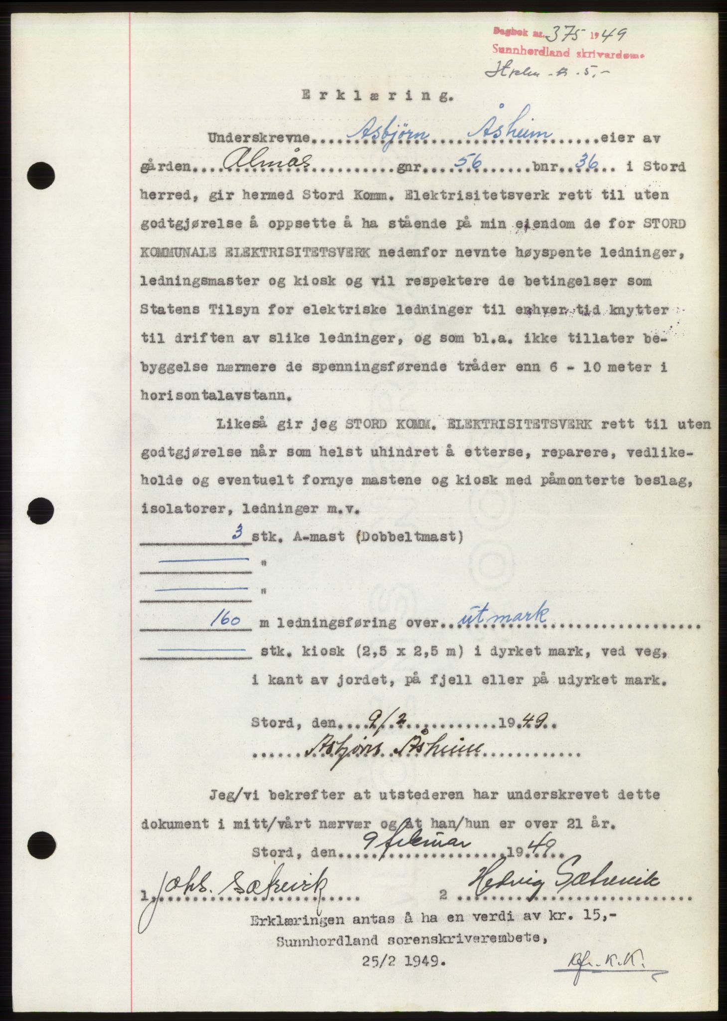 Sunnhordland sorenskrivar, AV/SAB-A-2401: Mortgage book no. B75-79, 1948-1950, Diary no: : 375/1949